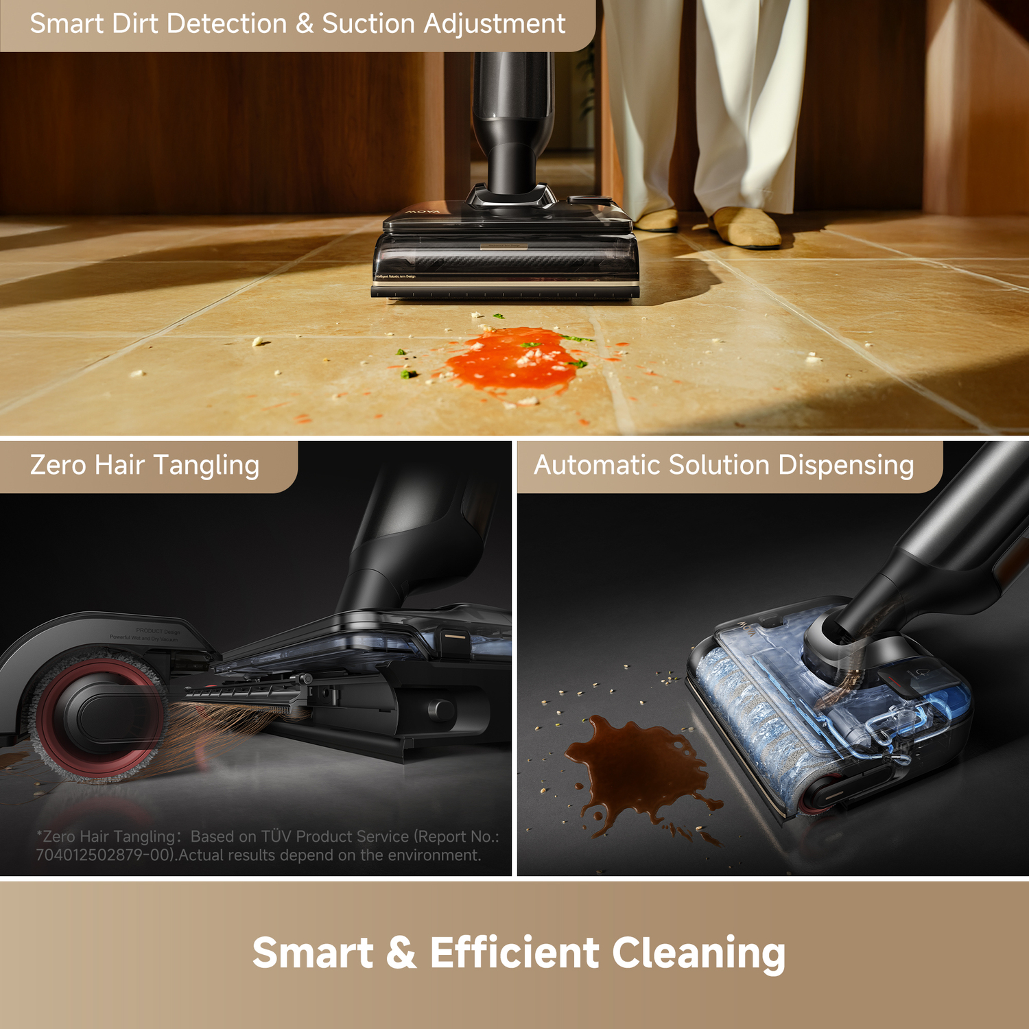 Vacuum cleaner on tiled floor, showing smart dirt detection and suction adjustment, zero hair tangling, and automatic solution dispensing.