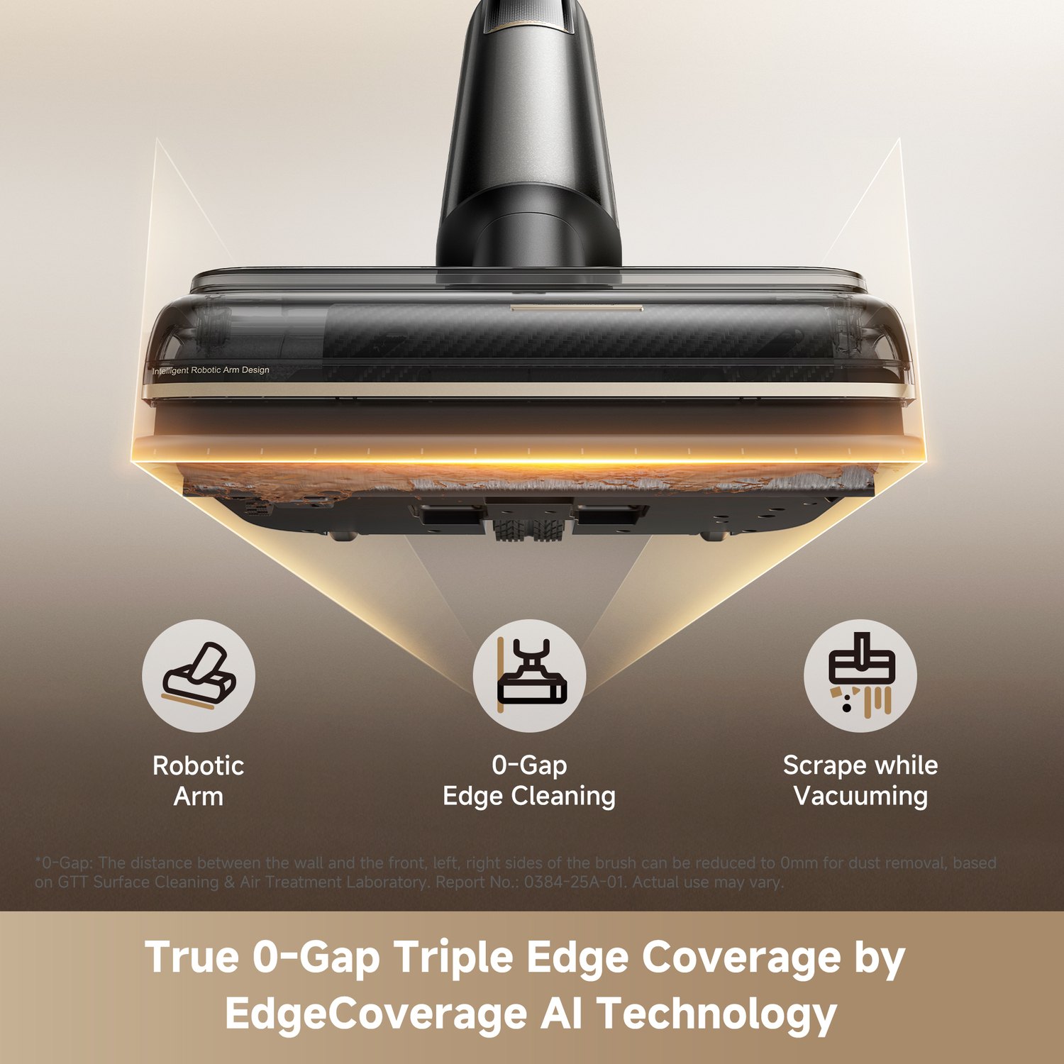 A vacuum cleaner head with robotic arm design is shown. Features include 0-gap edge cleaning, and scraping while vacuuming. It has AI tech.