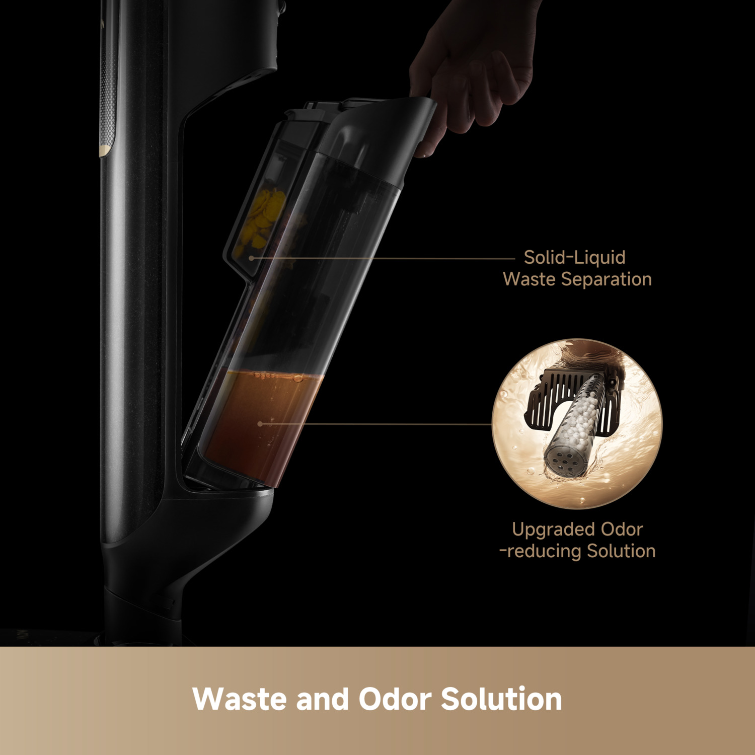 A black vacuum cleaner shows waste separation and odor reduction. A hand holds the waste container. Text reads 'Waste and Odor Solution'.