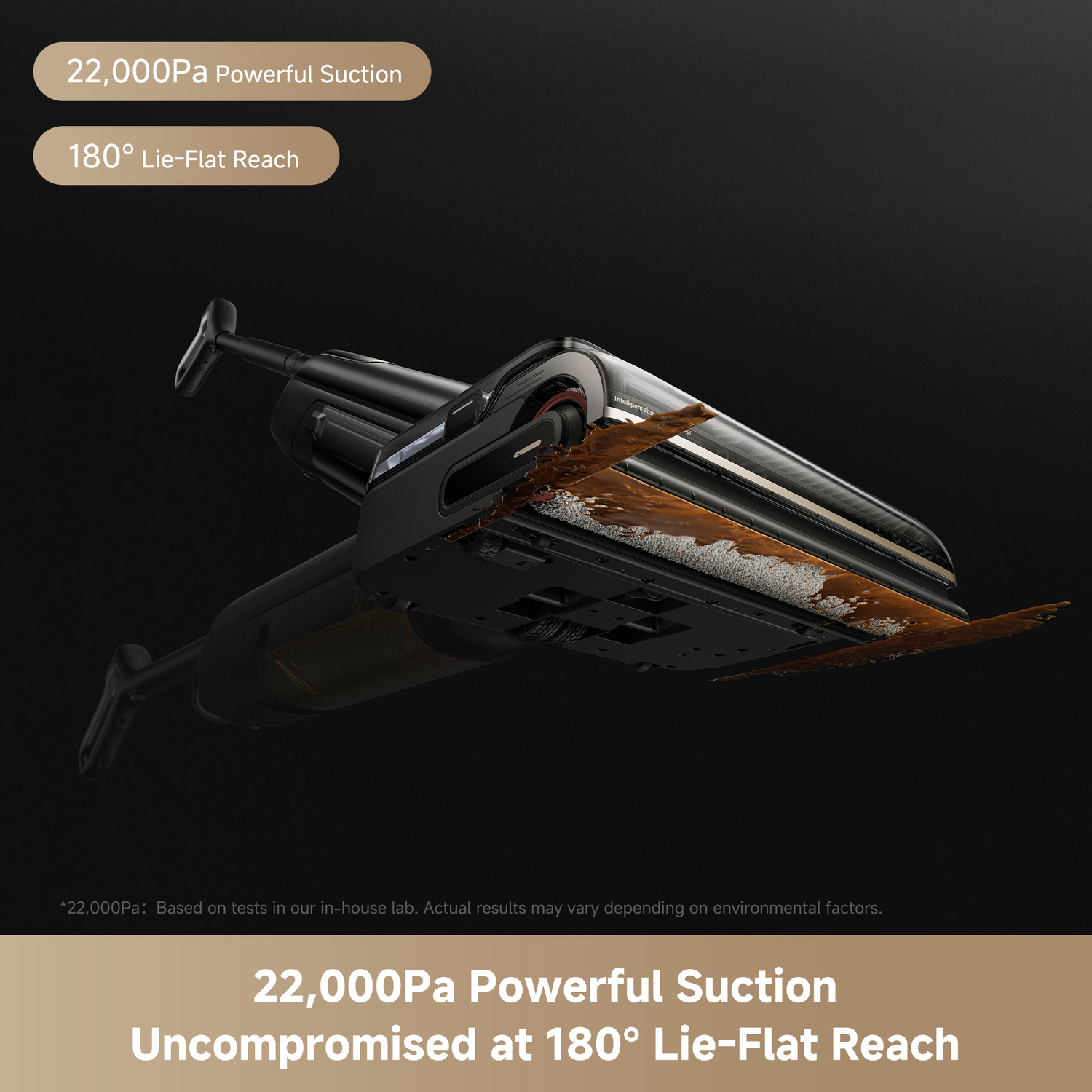 A black vacuum cleaner is shown from below, with a dirty brush. Text highlights suction power and flat reach.