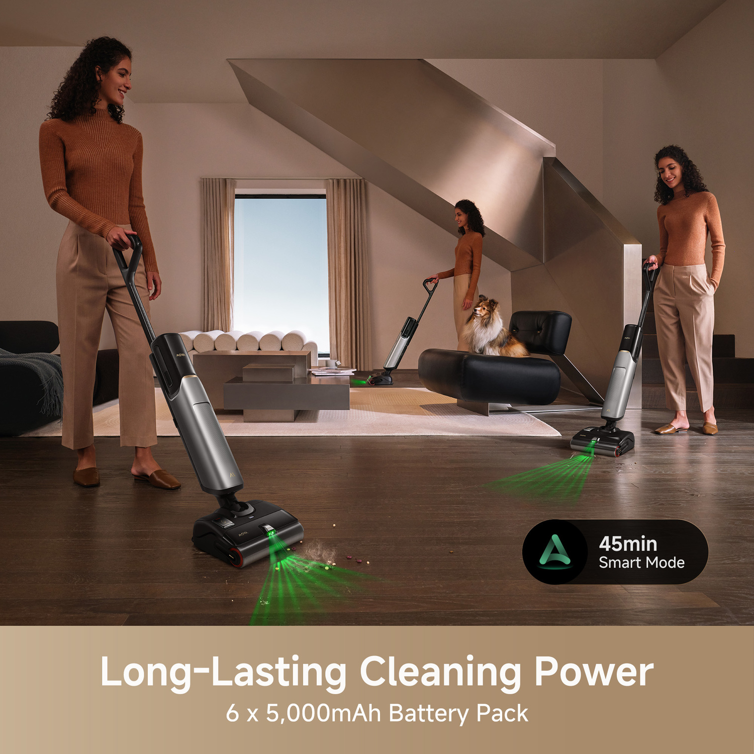 Drie vrouwen stofzuigen een houten vloer met zilveren stofzuigers. Eén vrouw staat bij een hond op een zwarte stoel. Tekst: Long-Lasting Cleaning Power.