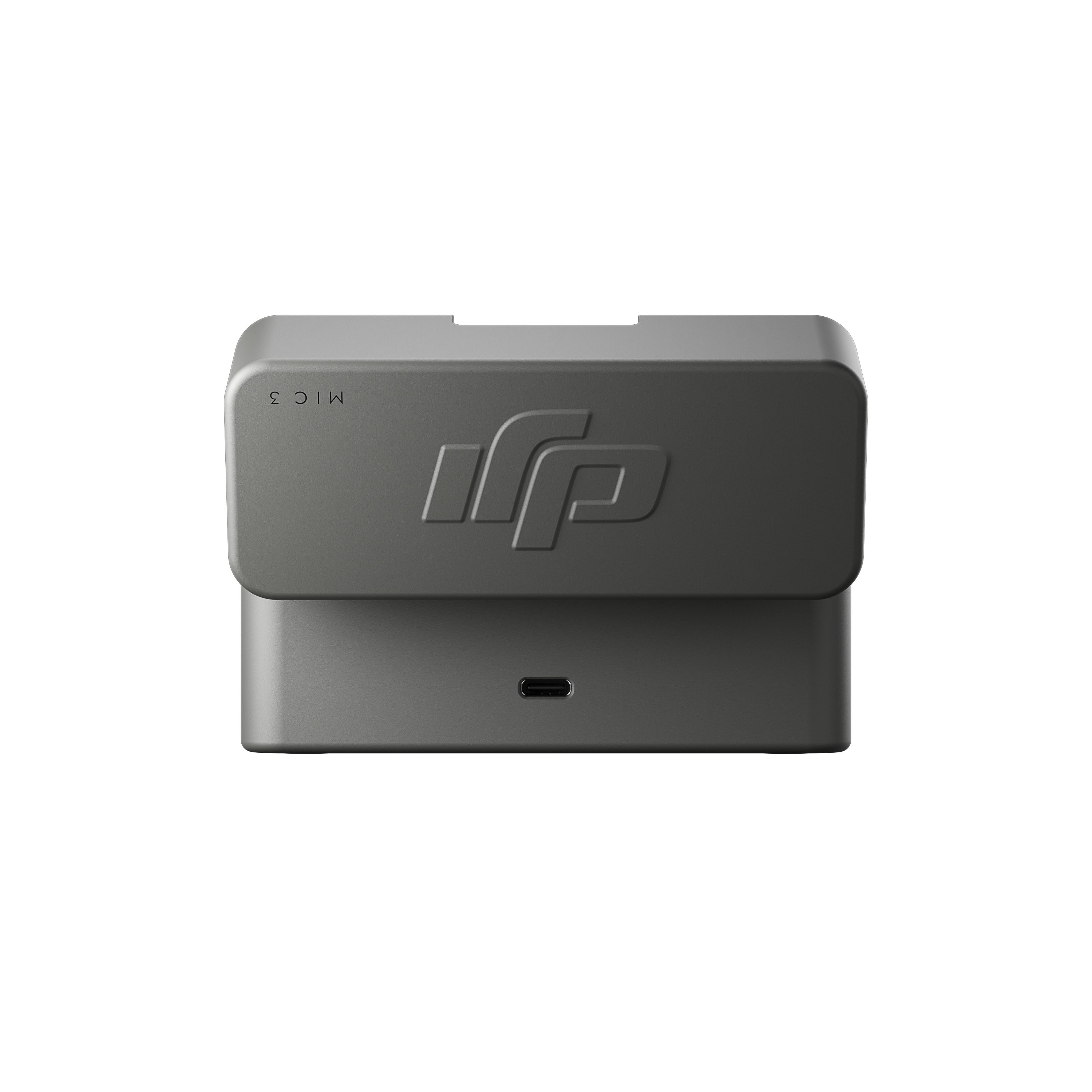 Ein graues DJI Mic 3 Ladecase. Es hat das DJI-Logo, den Text Mic 3 und einen USB-C-Anschluss. Der Hintergrund ist weiß.