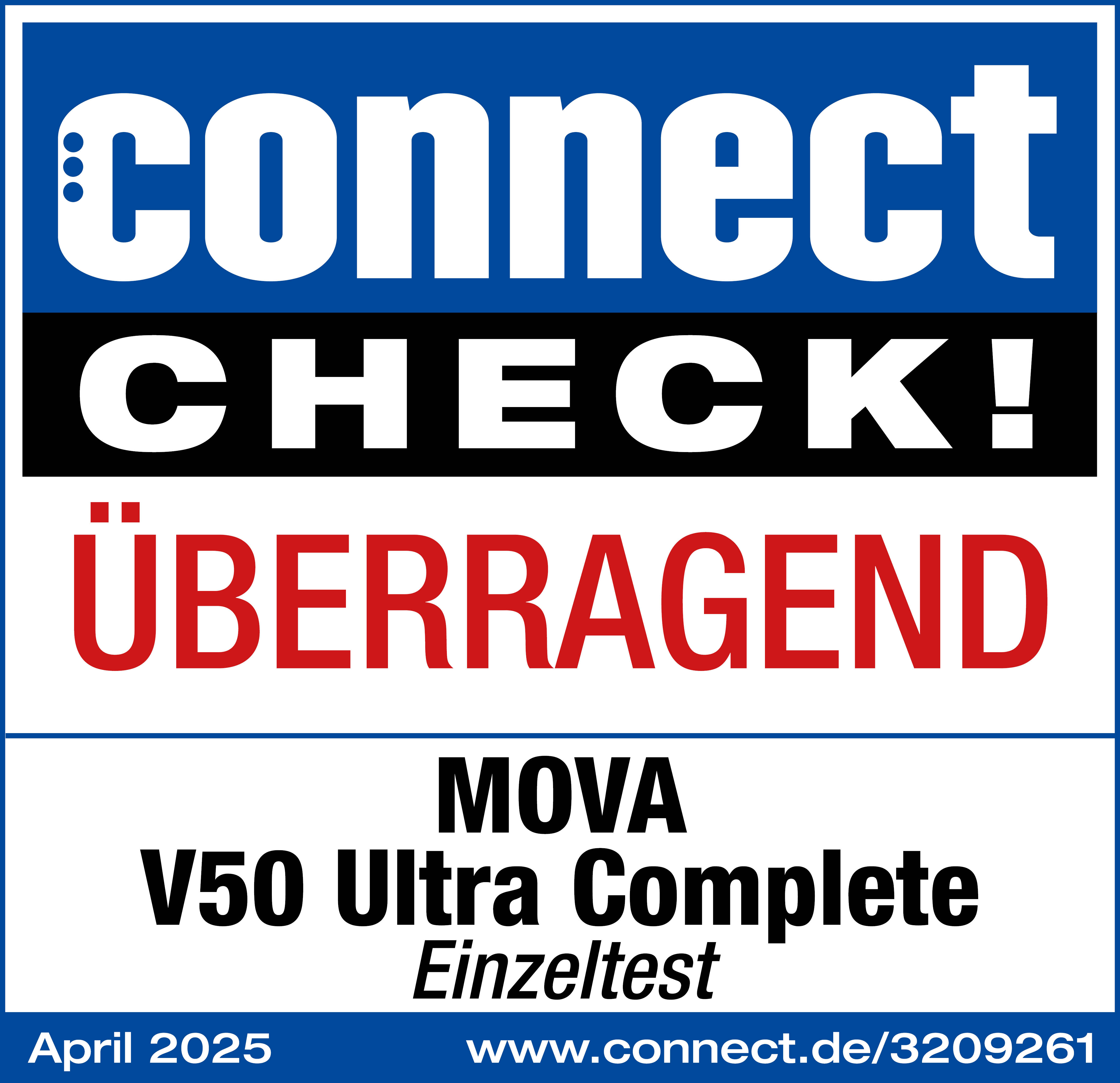 Das Bild zeigt das Logo "connect CHECK!", das Wort "ÜBERRAGEND" und Details zu einem MOVA V50 Ultra Complete Test.