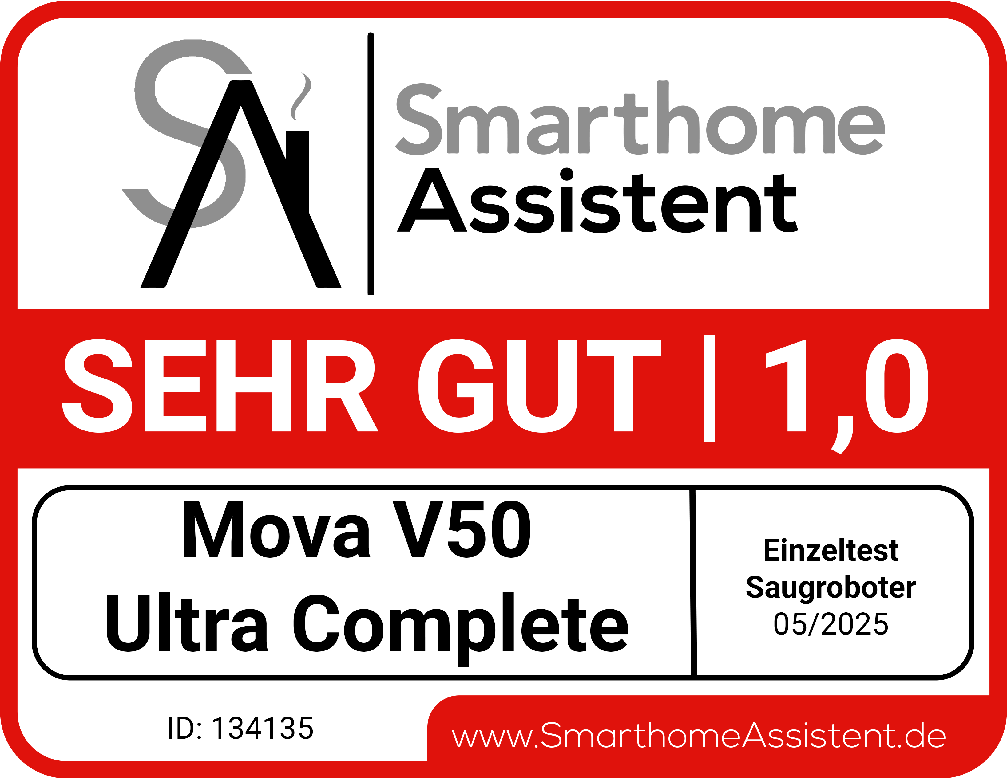 Ein rotes und weißes Logo. Es steht 'SEHR GUT 1.0' und 'Mova V50 Ultra Complete'. Es hat das Logo von Smarthome Assistent.