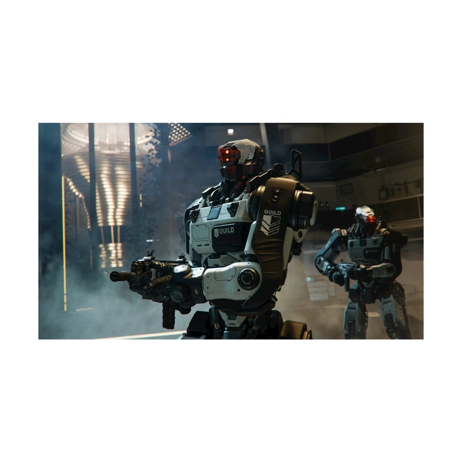 Due robot con pistole in un ambiente futuristico. Un robot in primo piano punta una pistola. L'altro è sullo sfondo.