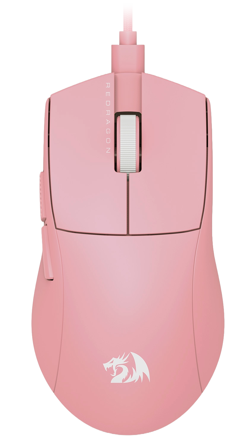 Różowa mysz gamingowa Redragon. Ma kółko przewijania, dwa główne przyciski i boczny przycisk. Widoczne jest logo marki.