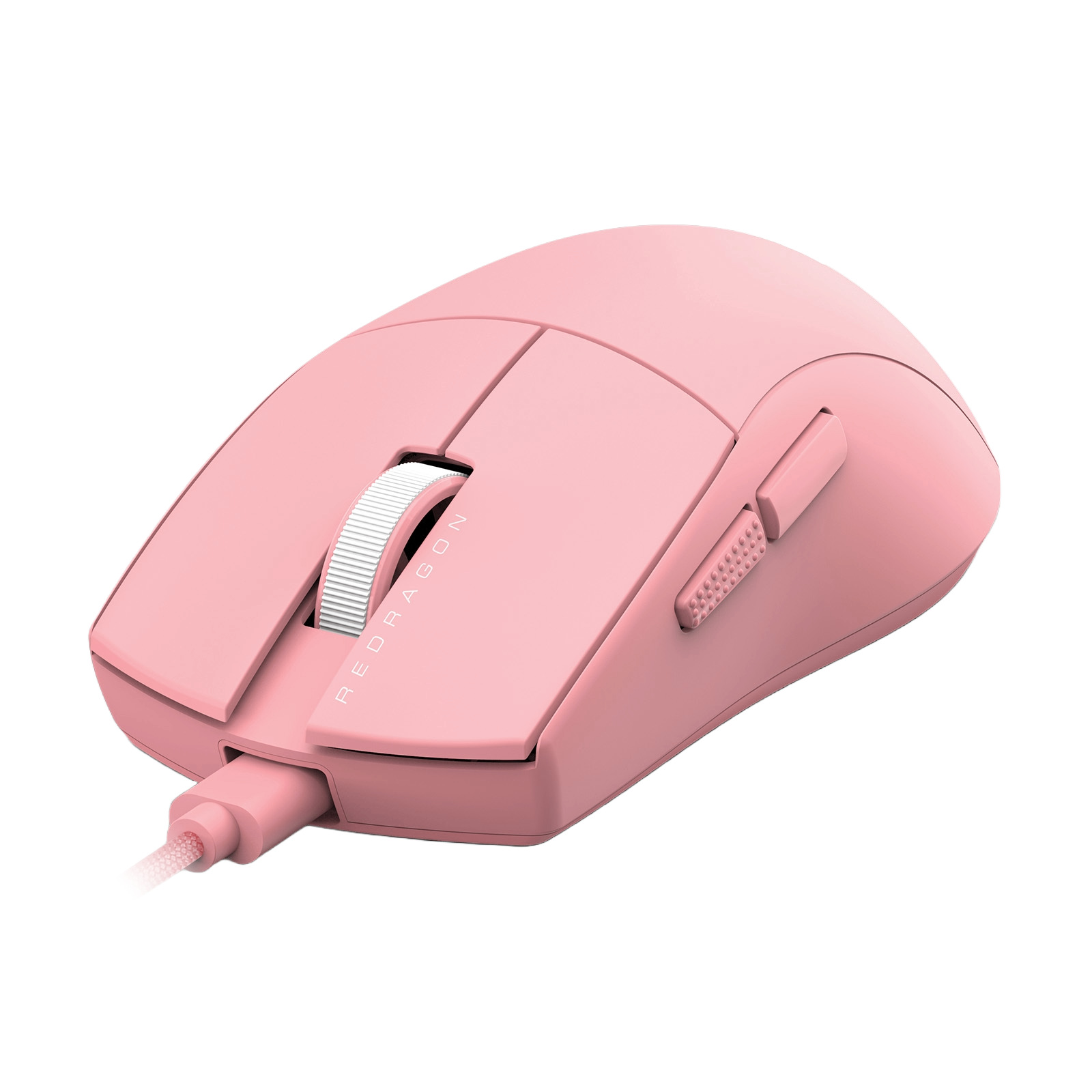 Różowa mysz gamingowa Redragon z białym kółkiem przewijania, bocznymi przyciskami i dołączonym kablem. Tło jest białe.