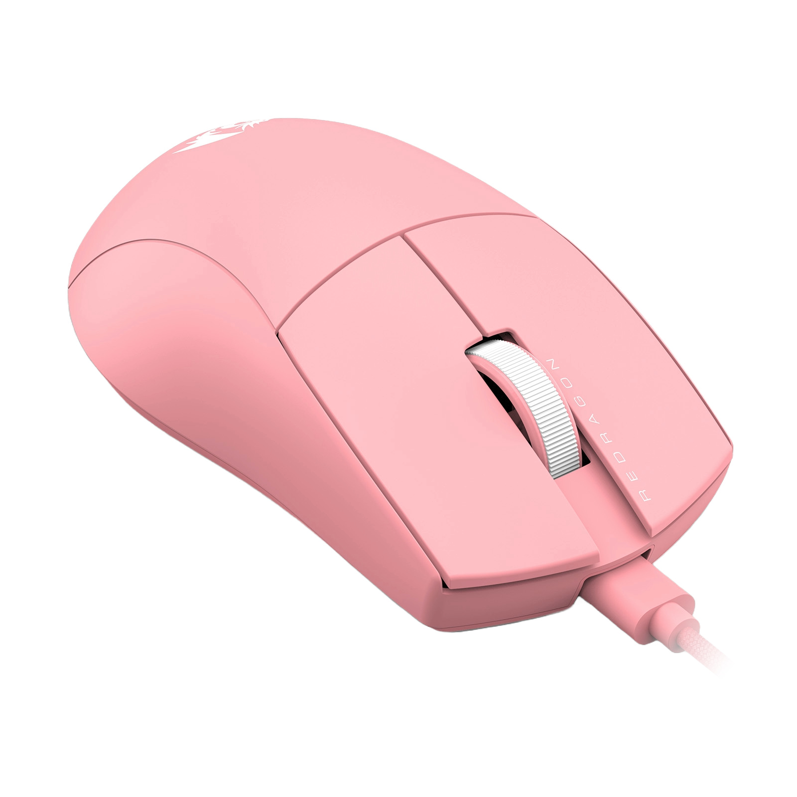 Różowa mysz gamingowa Redragon. Ma kółko przewijania, dwa przyciski i kabel. Logo marki jest widoczne na górze.