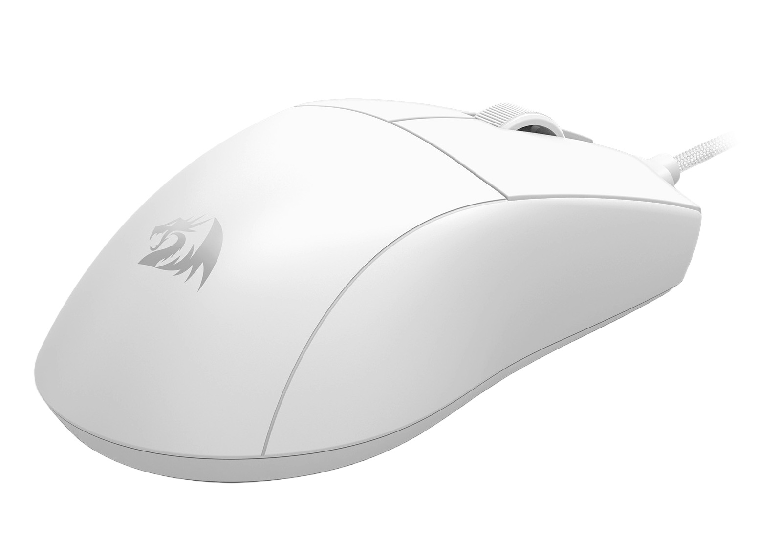 Biała mysz komputerowa. Widoczne jest logo Redragon. Posiada kółko przewijania i połączenie przewodowe.