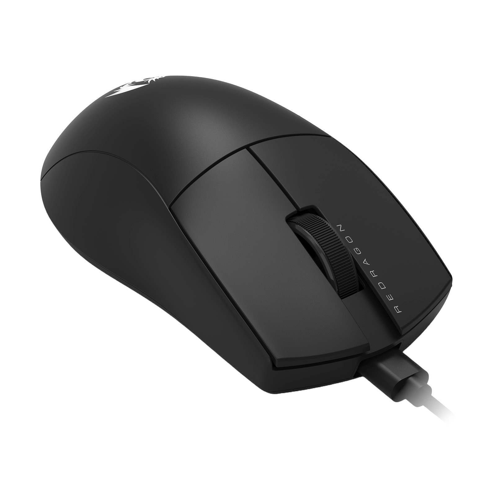 Czarna mysz gamingowa Redragon. Ma kółko przewijania, przyciski i kabel. Logo jest widoczne na górze.