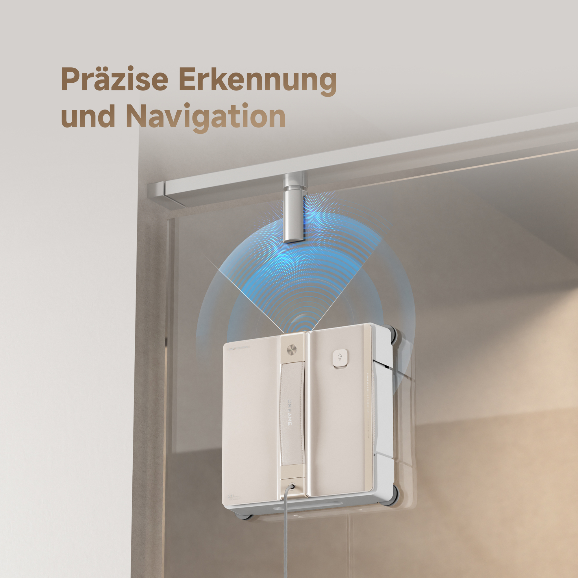 Ein Fensterreinigungsroboter ist an Glas befestigt. Es hat einen Griff, einen Knopf und ein Netzkabel. Blaue Navigationslinien sind sichtbar.