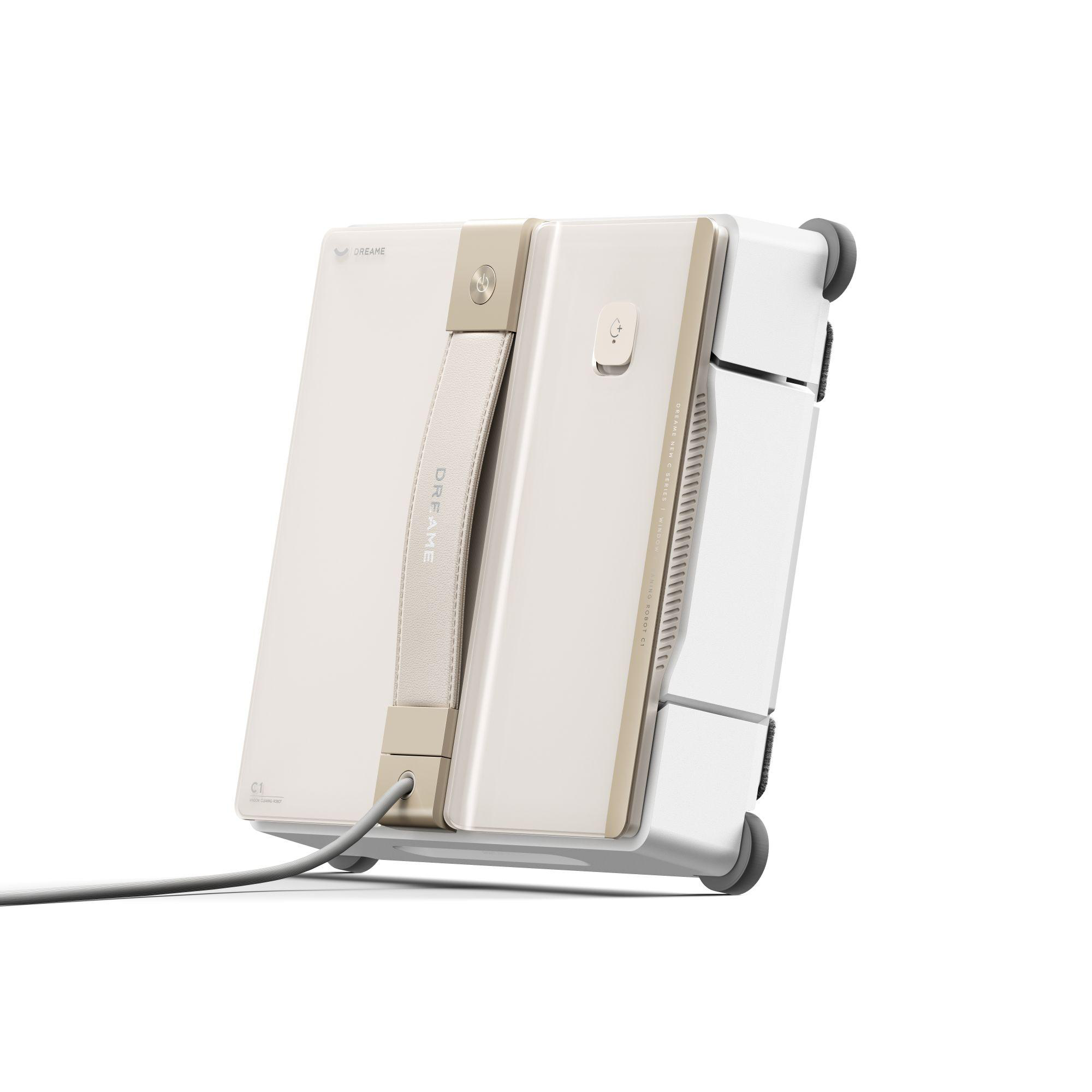 Ein weiß-beige Fensterputzroboter mit Griff, Knöpfen und Kabel vor weißem Hintergrund.