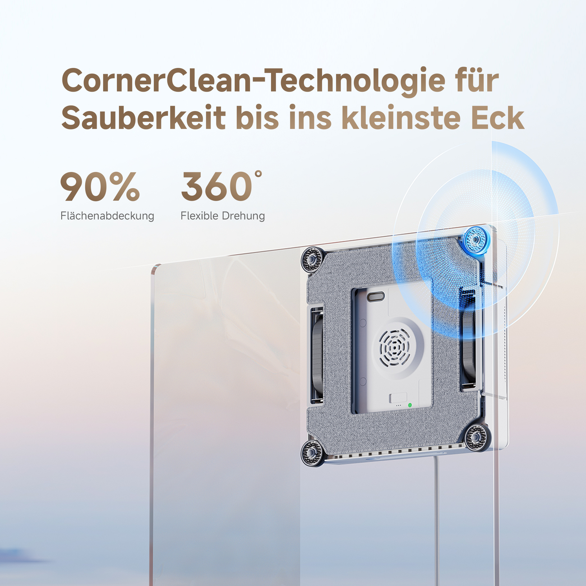 Ein Fensterputzroboter auf Glas, mit Text über Reinigungstechnologie und Abdeckung.