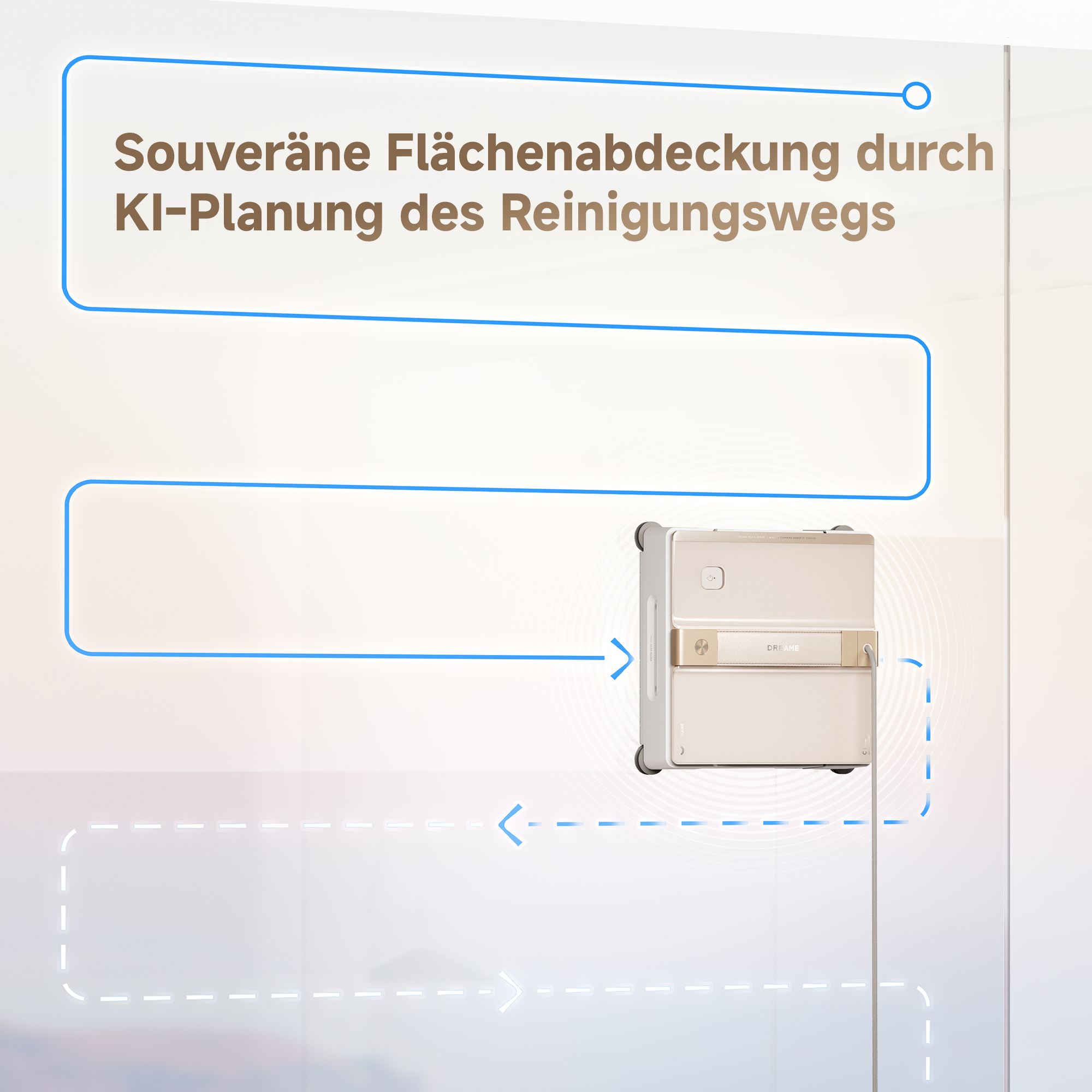 Ein Fensterreinigungsroboter wird gezeigt, mit einem Text-Overlay in Deutsch und einem blauen Pfad, der seine Reinigungsroute anzeigt.