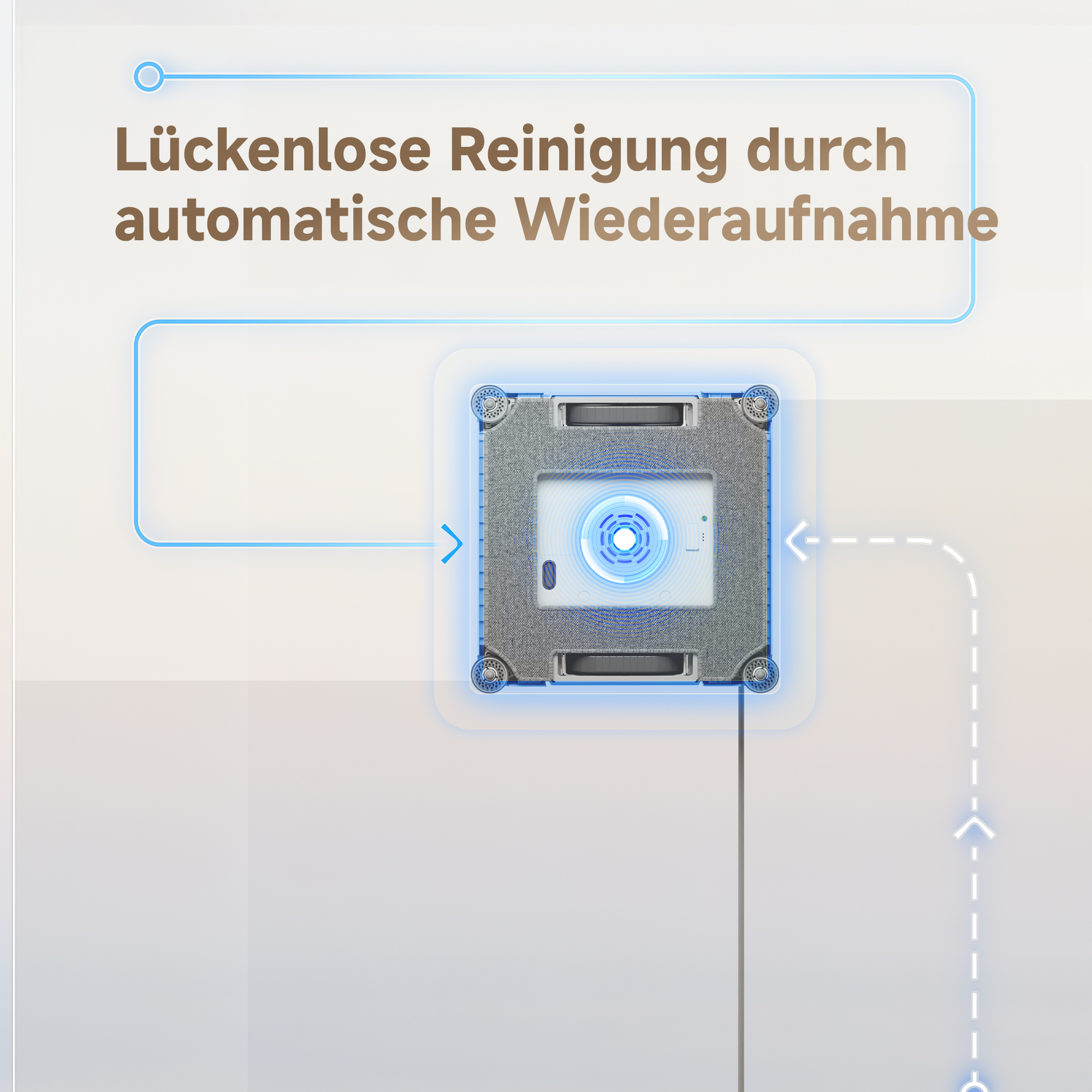 Das Bild zeigt einen Fensterputzroboter. Text auf Deutsch: Lückenlose Reinigung durch automatische Wiederaufnahme.