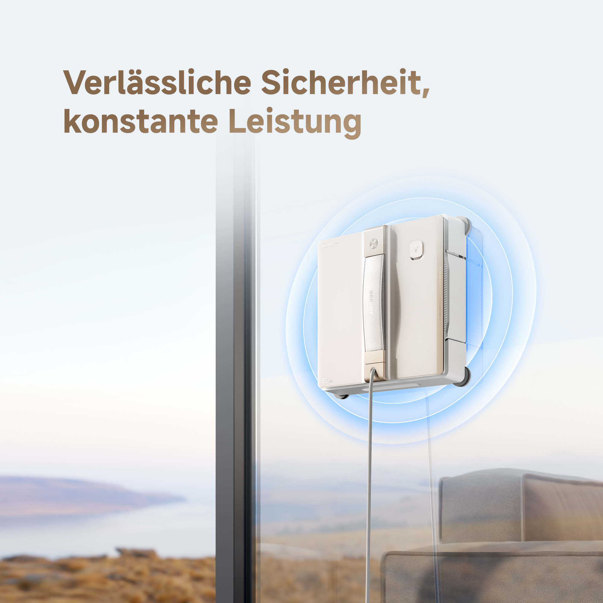Ein Fensterputzerroboter befindet sich an einem Fenster. Text lautet: Zuverlässige Sicherheit, konstante Leistung. Der Hintergrund hat einen Blick nach draußen.