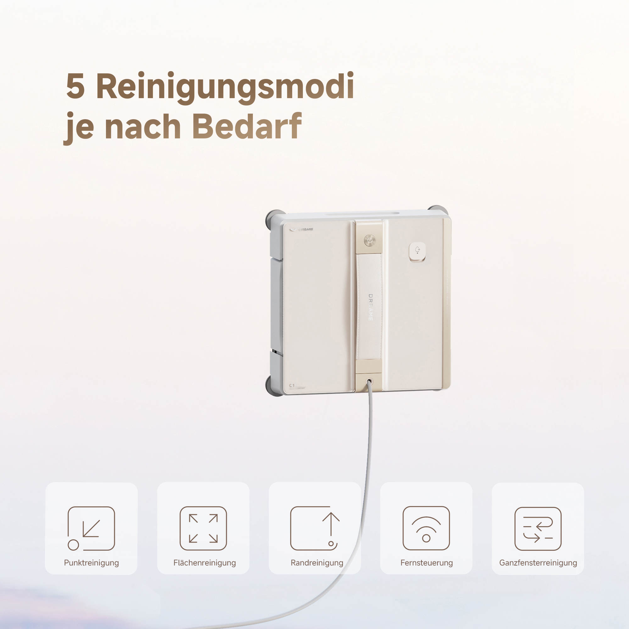 Fensterputzroboter mit 5 Reinigungsmodi: Punkt, Fläche, Kante, Fernbedienung und Ganzfensterreinigung.