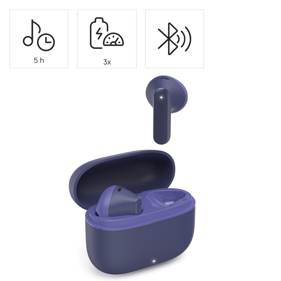 Kék vezeték nélküli fülhallgató tokkal. Az ikonok 5 óra lejátszást, 3x töltést és Bluetooth-t mutatnak. Fehér háttér.