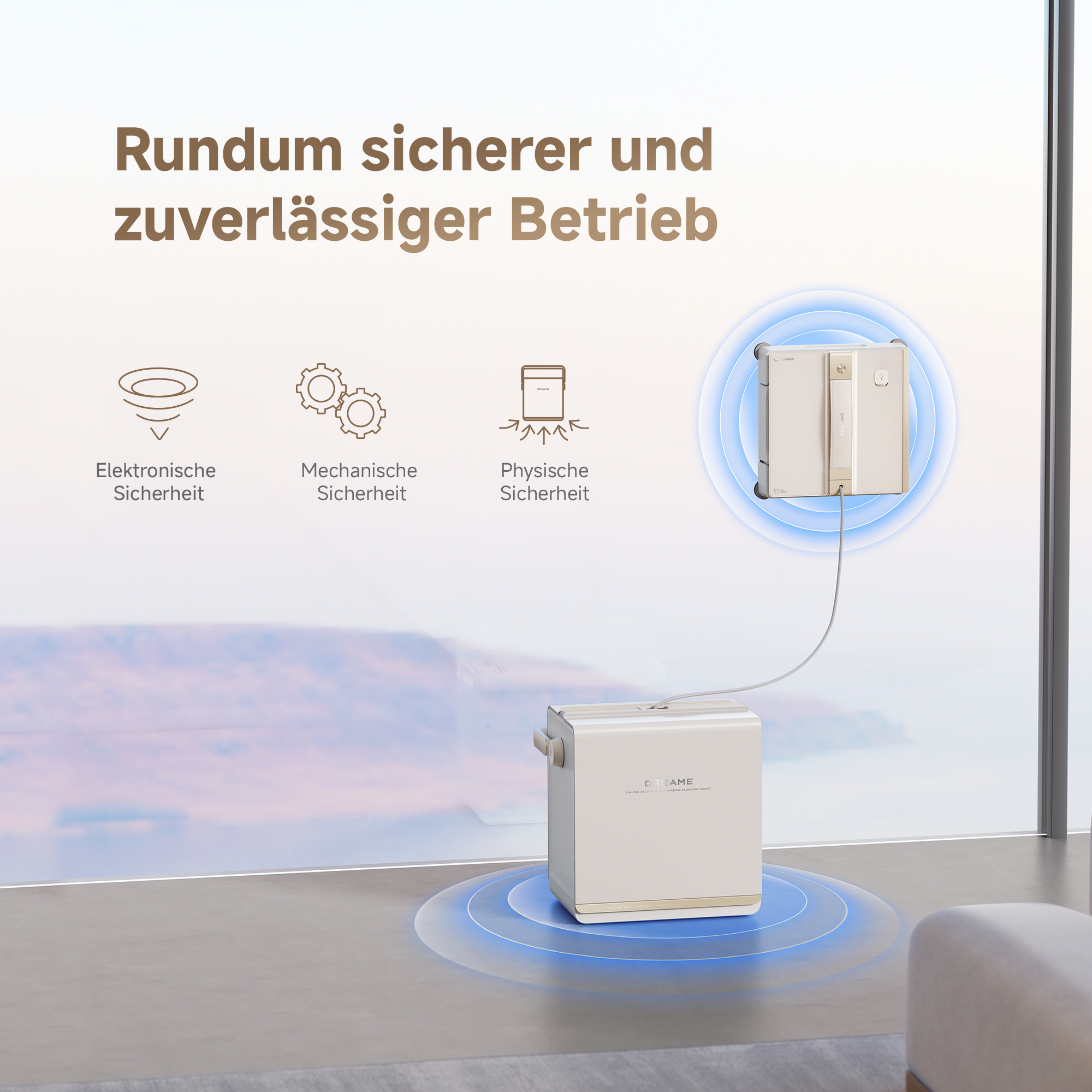 Ein Fensterreinigungsroboter und eine Box sind durch ein Kabel verbunden. Deutscher Text beschreibt Sicherheitsmerkmale. Der Hintergrund zeigt ein Fenster.