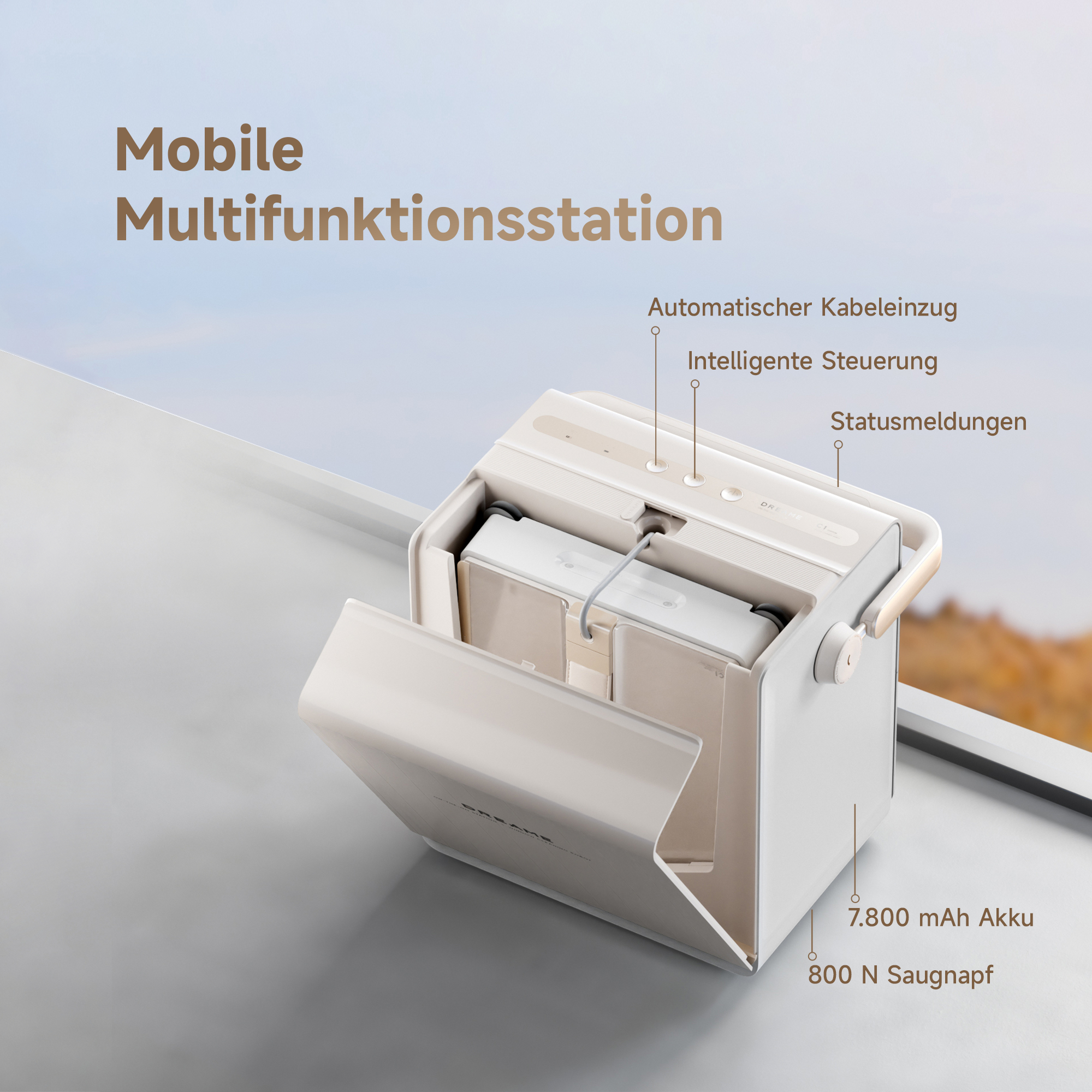 Ein weißes Mobilgerät mit geöffnetem Deckel, das einen Akku und ein Kabel zeigt. Text zeigt Funktionen und Spezifikationen.