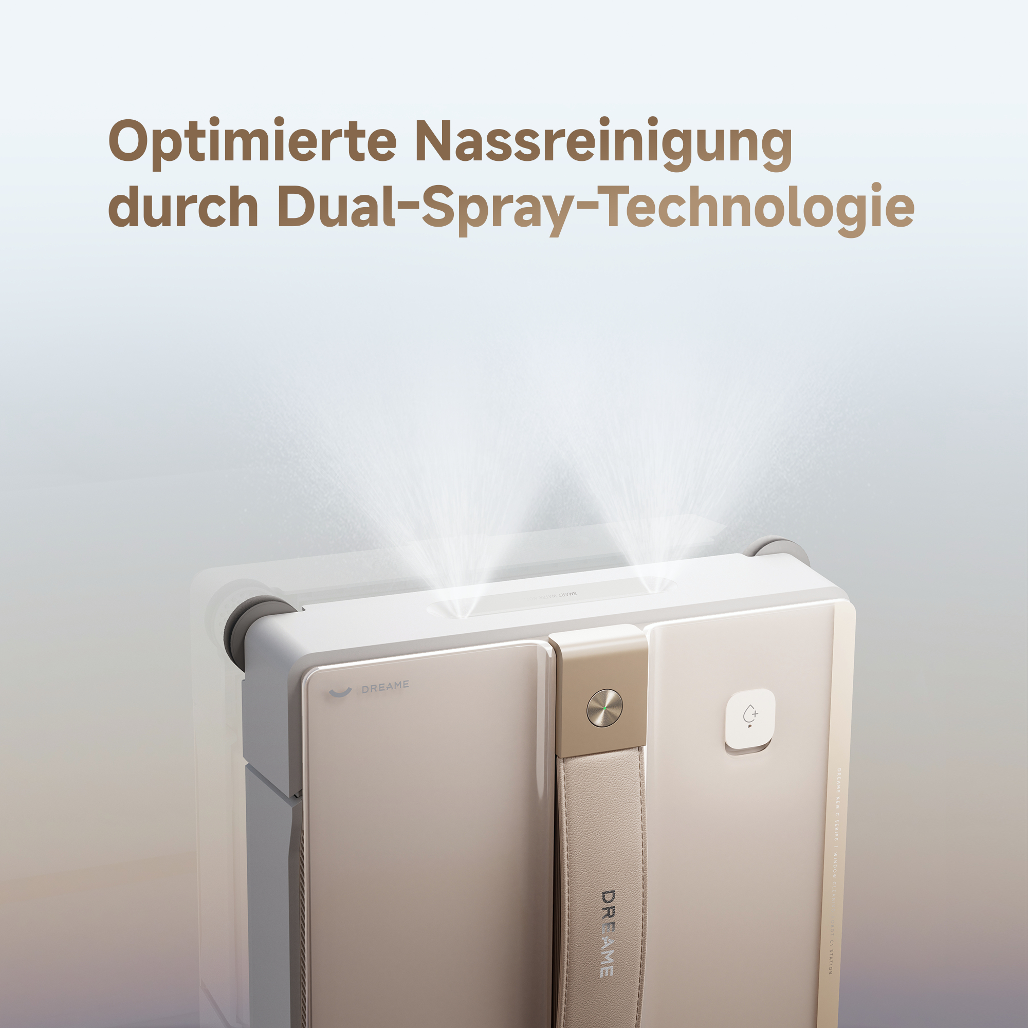 Ein Reinigungsroboter sprüht Wasser, darüber steht der Text 'Optimierte Nassreinigung'. Der Griff trägt die Aufschrift 'DREAME'.