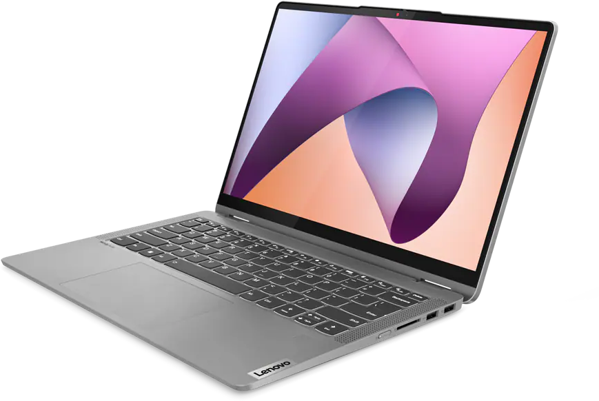 Egy ezüst Lenovo laptop nyitva van, színes absztrakt képet mutat. A billentyűzet látható, a képernyő szögben áll.