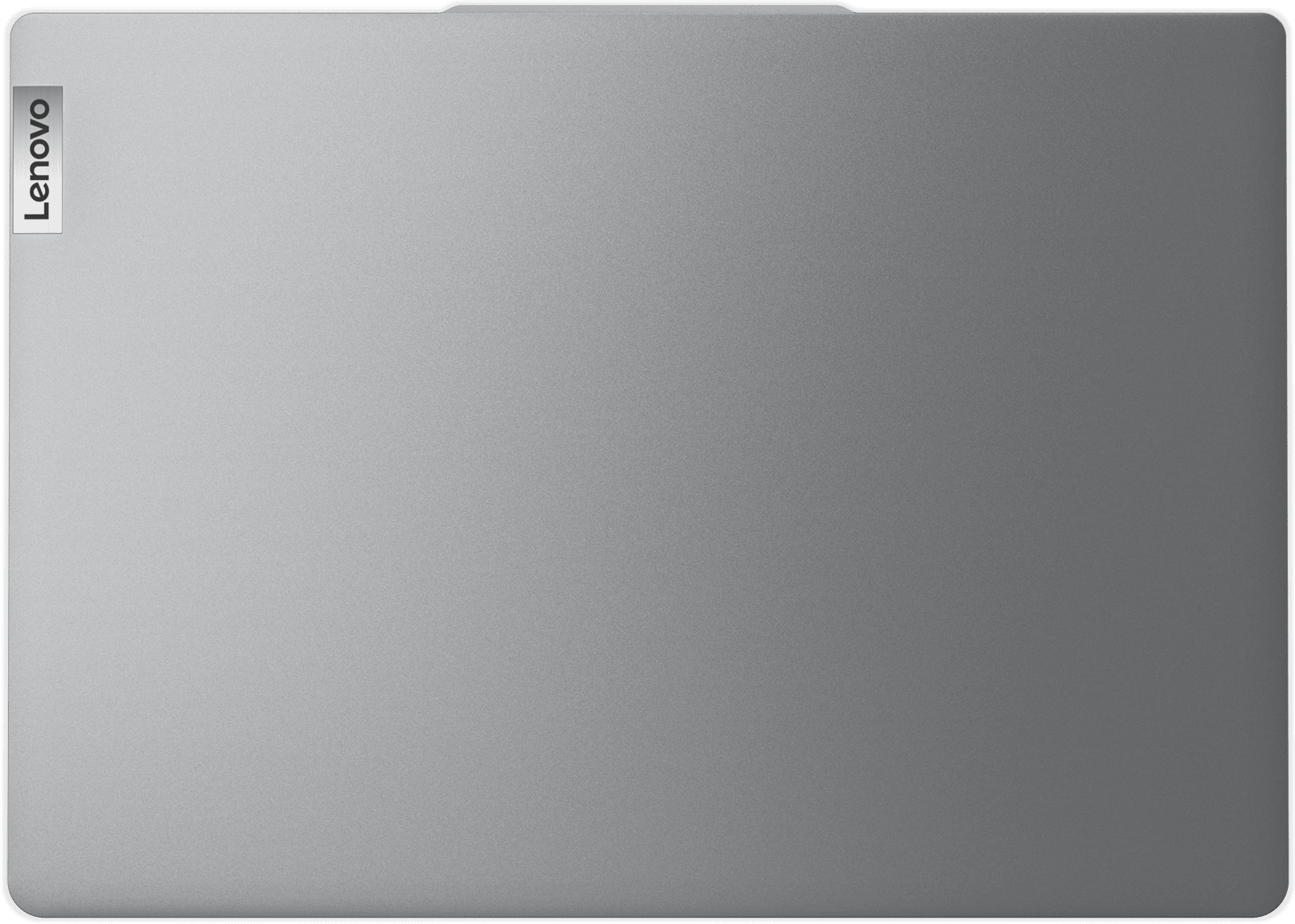 Egy zárt, ezüst Lenovo laptop. A márka logója a bal felső sarokban található.