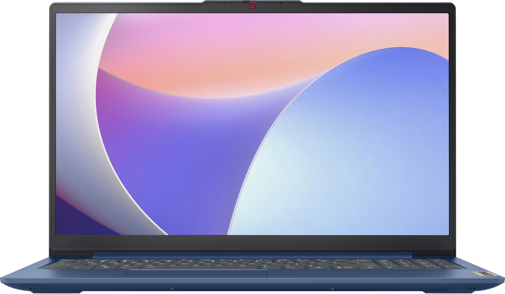Egy kék laptop nyitva van, rózsaszín, kék és fehér ívelt formákból álló színes, absztrakt képet jelenít meg.