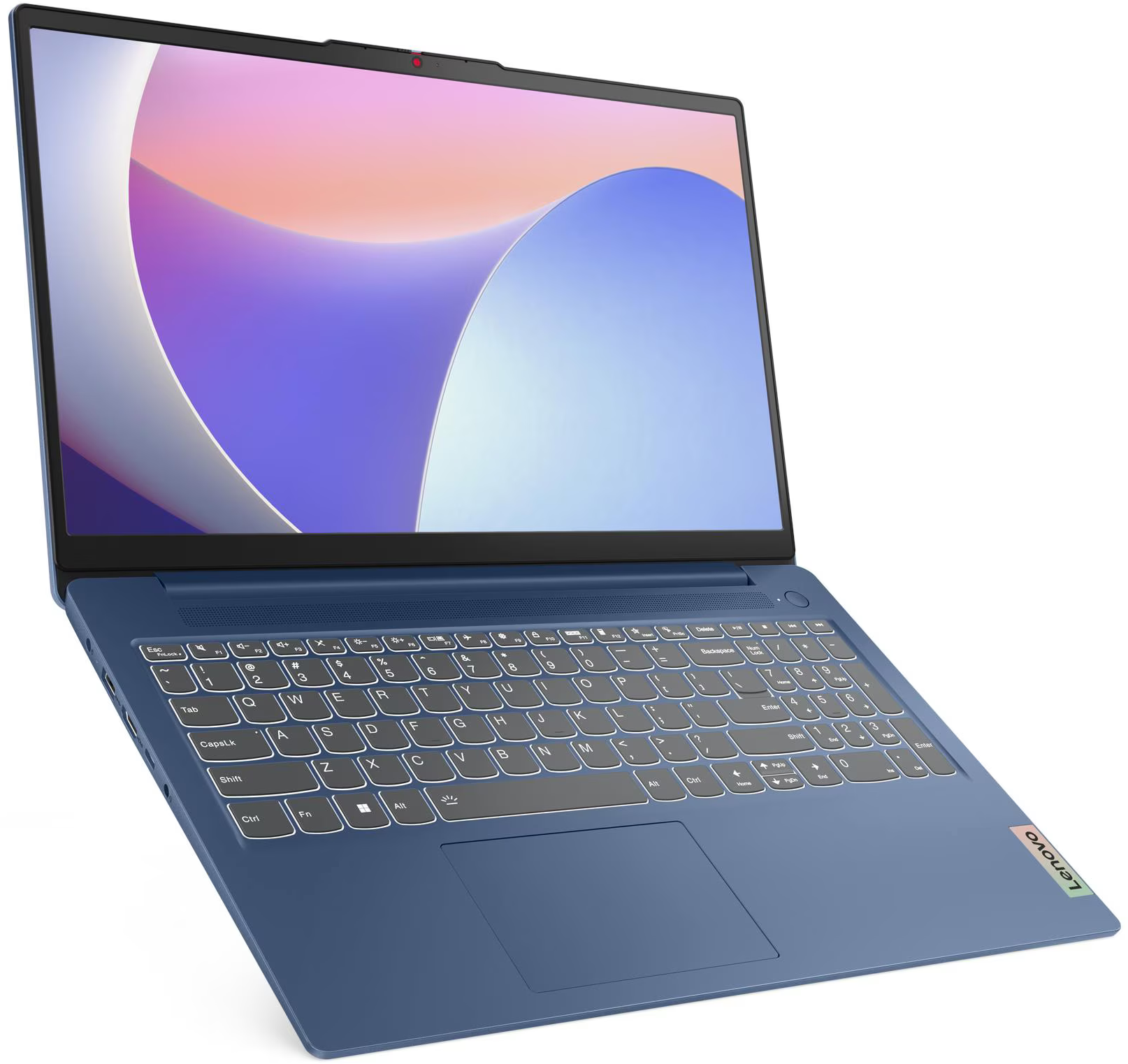 Kék Lenovo laptop billentyűzettel. A képernyő színes, absztrakt dizájnt mutat. Webkamera a képernyő felett. Lenovo logó.