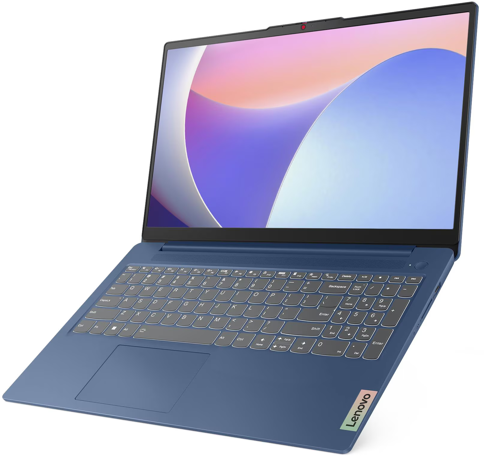 Egy kék Lenovo laptop nyitva, színes képernyővel. Látható a billentyűzet, a Lenovo logóval a jobb alsó sarokban.