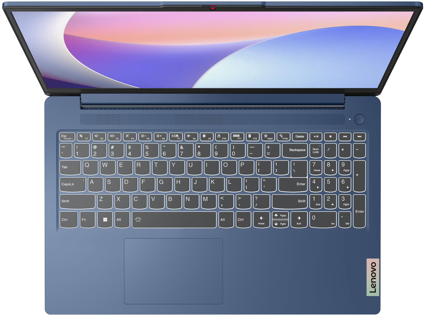 Kék Lenovo laptop, nyitva. A billentyűzet fehér billentyűkkel látható. A képernyő absztrakt képet mutat. Lenovo logó jobb alul.