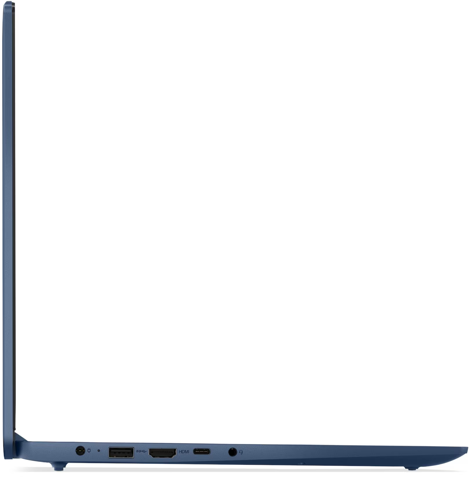 Kék laptop oldalsó nézete, HDMI, USB és audio portokkal. A képernyő fehér.