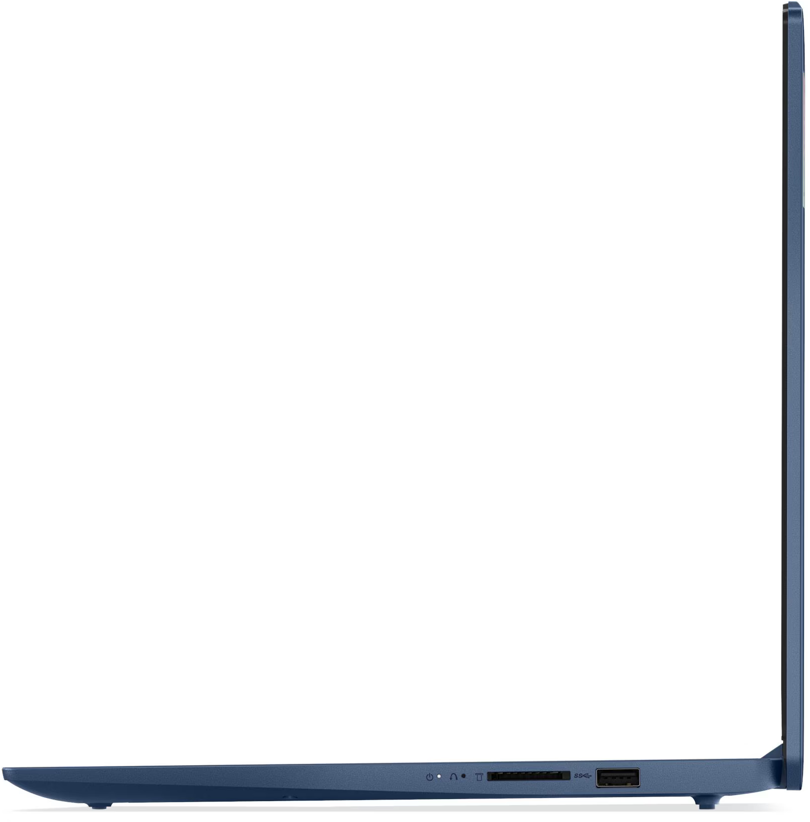 Egy kék laptop oldalsó nézete. A laptop zárva van. A portok láthatók az oldalon. A háttér fehér.