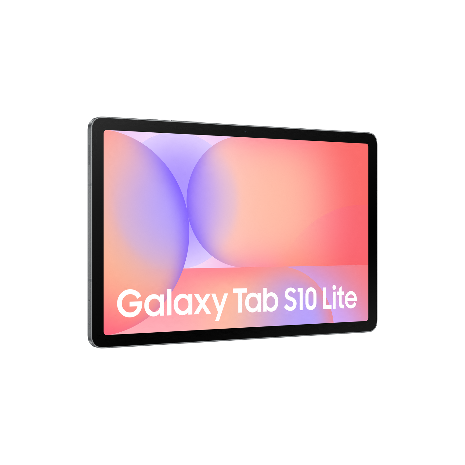 Tablet with a black frame, the screen displays a gradient background, with white text "Galaxy Tab S10 Lite".