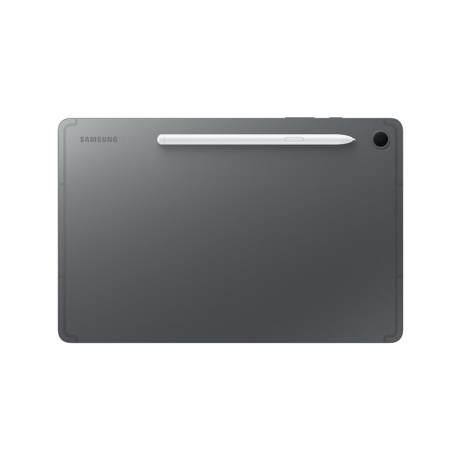 A grey Samsung tablet with a white stylus on top. The camera is visible. The background is black.