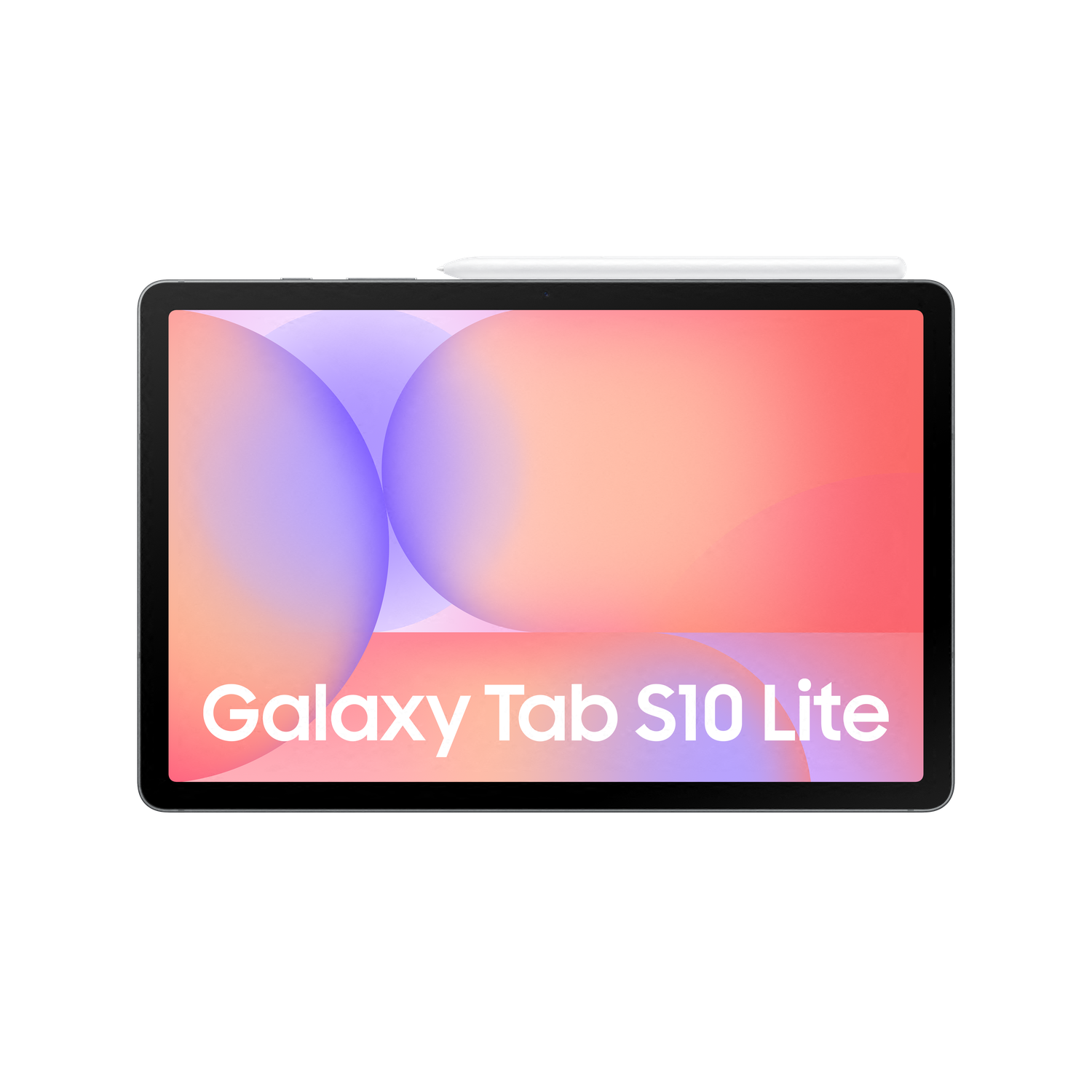 A tablet with a stylus, the screen shows pink, purple, and white background. The text 'Galaxy Tab S10 Lite' is visible.