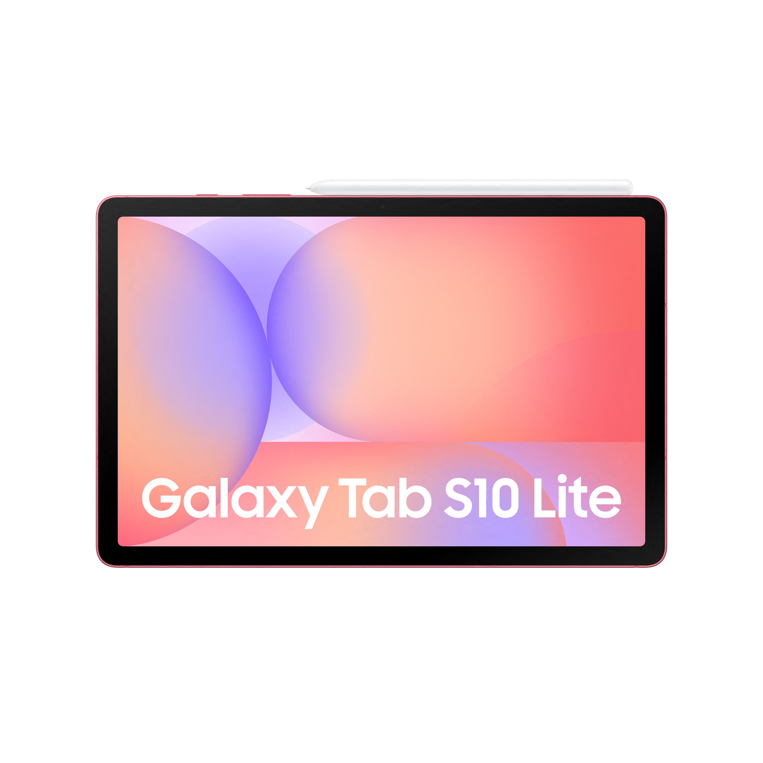 A pink tablet with a white stylus on a black background. The screen displays a colorful background with the text 'Galaxy Tab S10 Lite'.