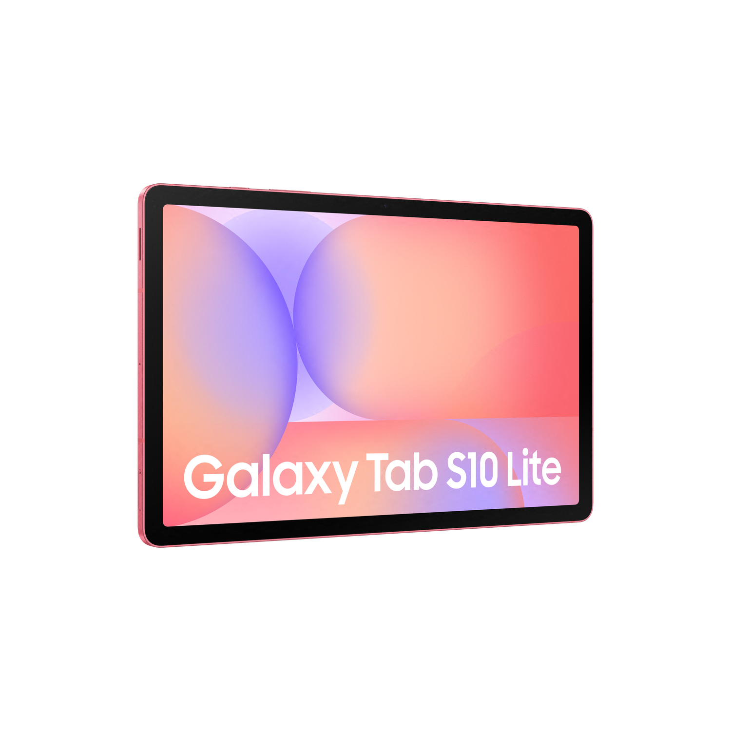 A pink Galaxy Tab S10 Lite tablet on a black background. The screen shows a gradient of pink and purple with the tablet's name.