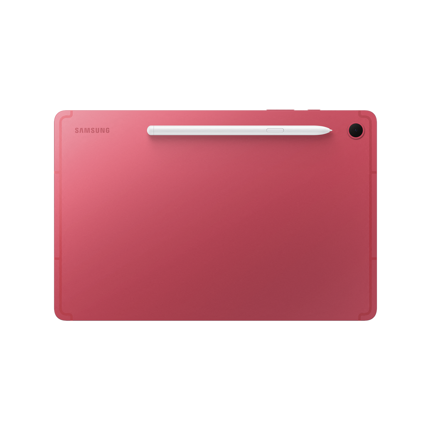 A red Samsung tablet with a white stylus lying on top. The tablet has a camera and the Samsung logo.