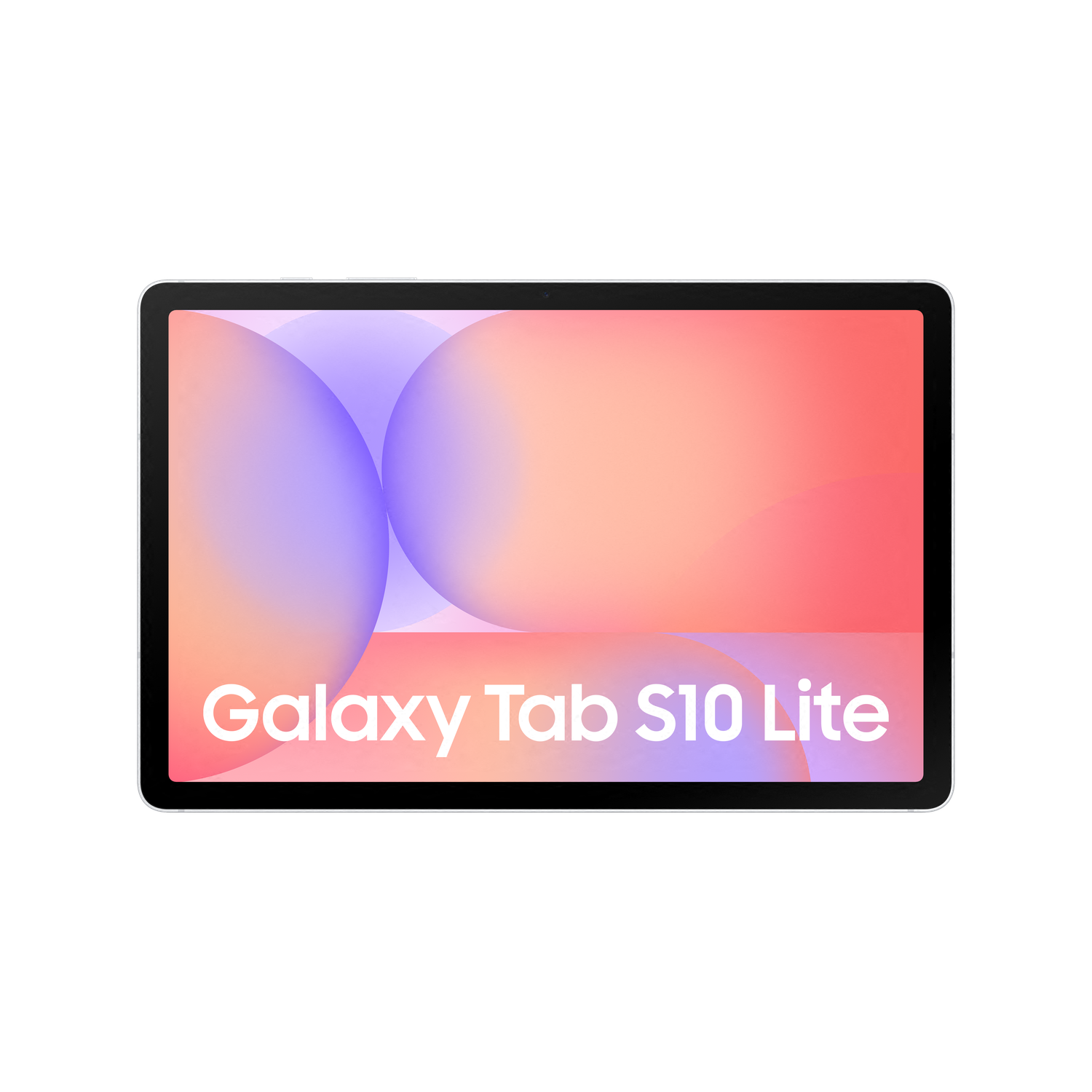 A Galaxy Tab S10 Lite tablet on a black background. The screen displays an abstract design with orange and purple gradients.