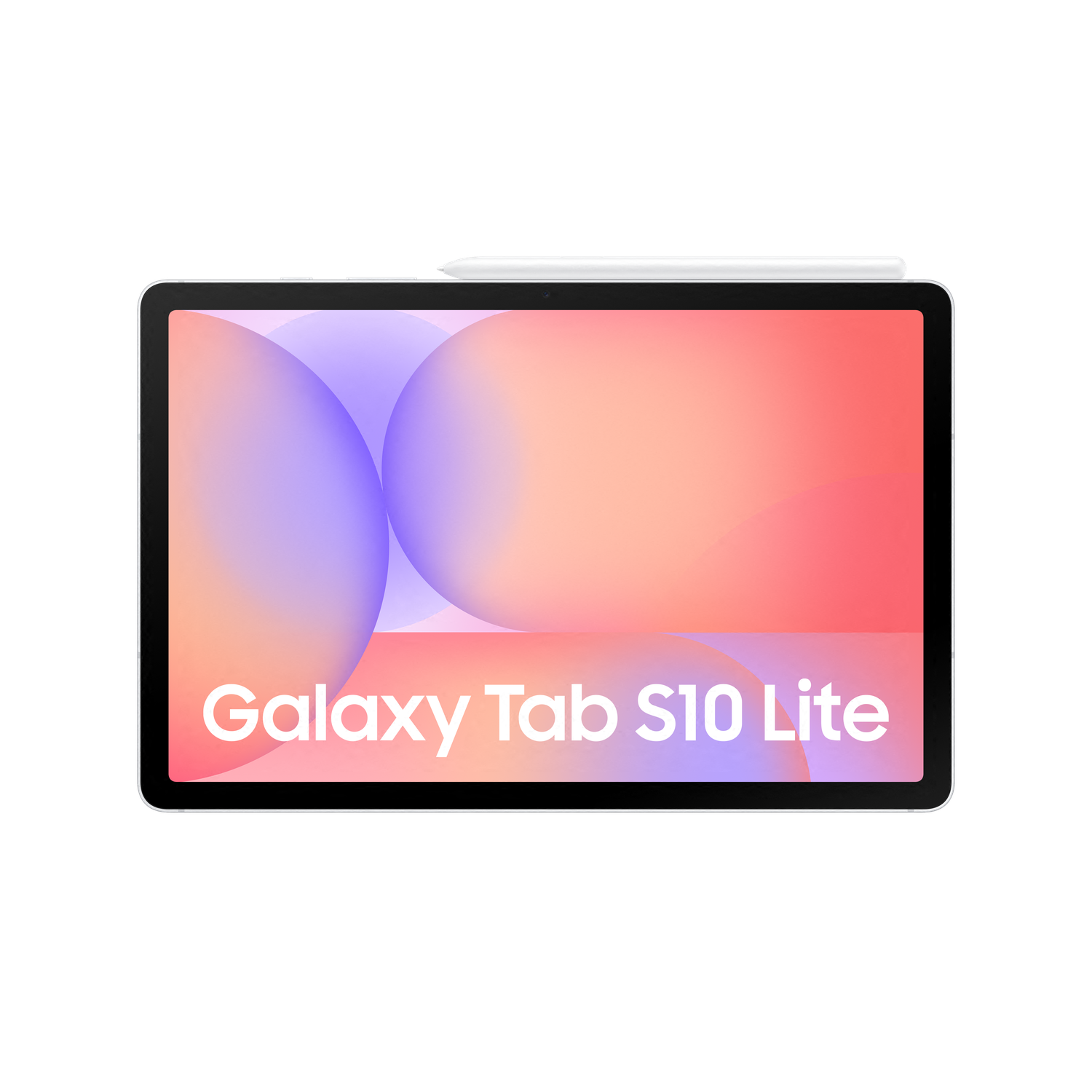 A Samsung Galaxy Tab S10 Lite tablet. It has a white stylus on top, and a colorful screen. The background is black.