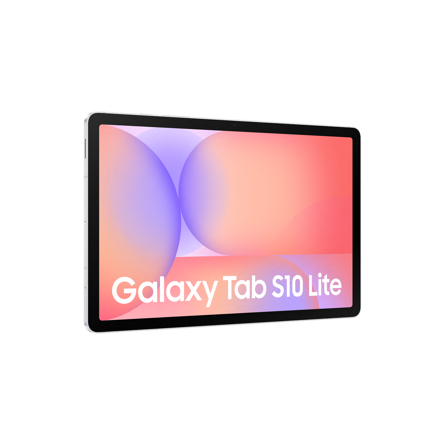 A Galaxy Tab S10 Lite tablet with a white frame is displayed against a black background. The screen shows a colorful gradient.