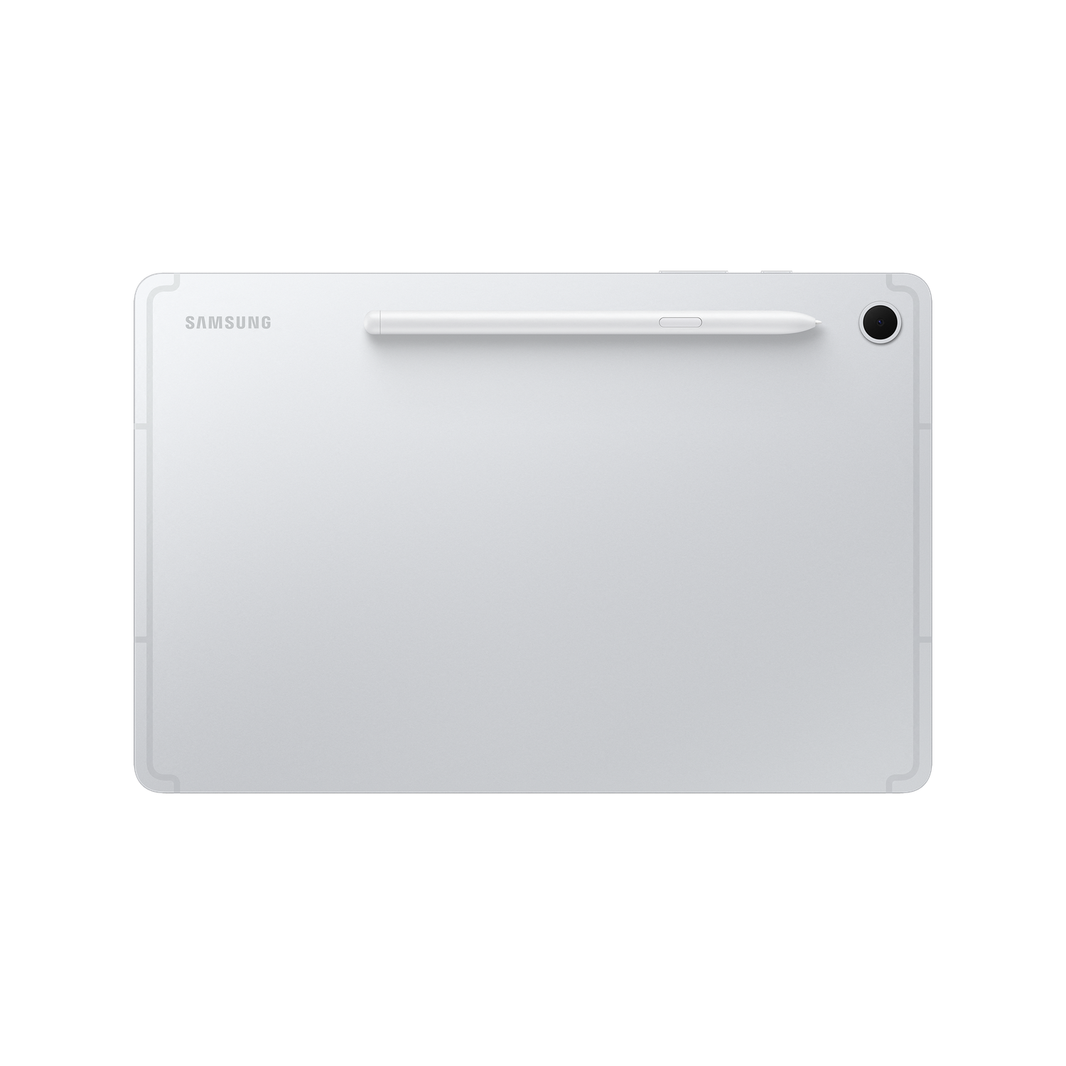 White Samsung tablet with stylus and camera. The tablet is on a black background, showing the back.
