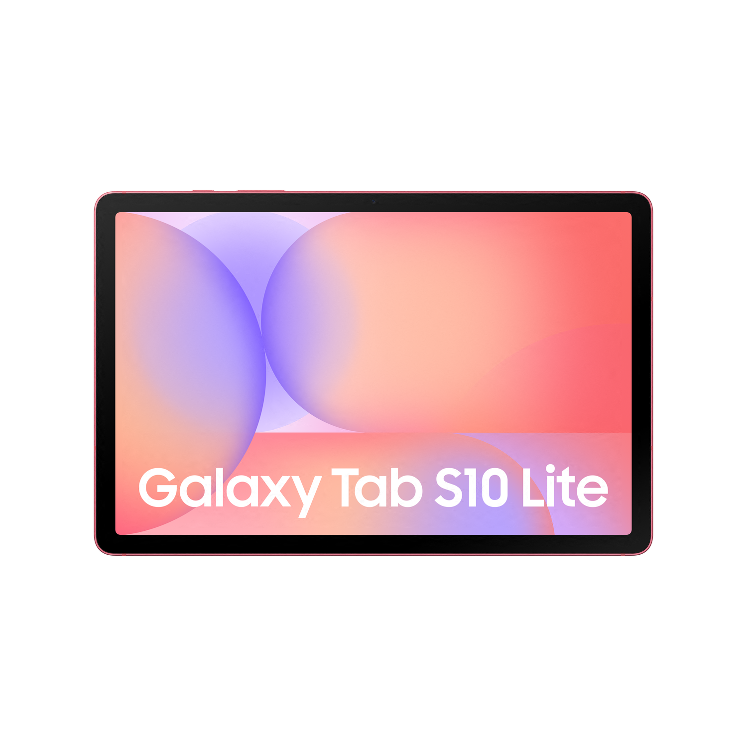Roze Galaxy Tab S10 Lite op zwarte achtergrond. Scherm toont kleurverlopen. Witte tekst: 'Galaxy Tab S10 Lite'.