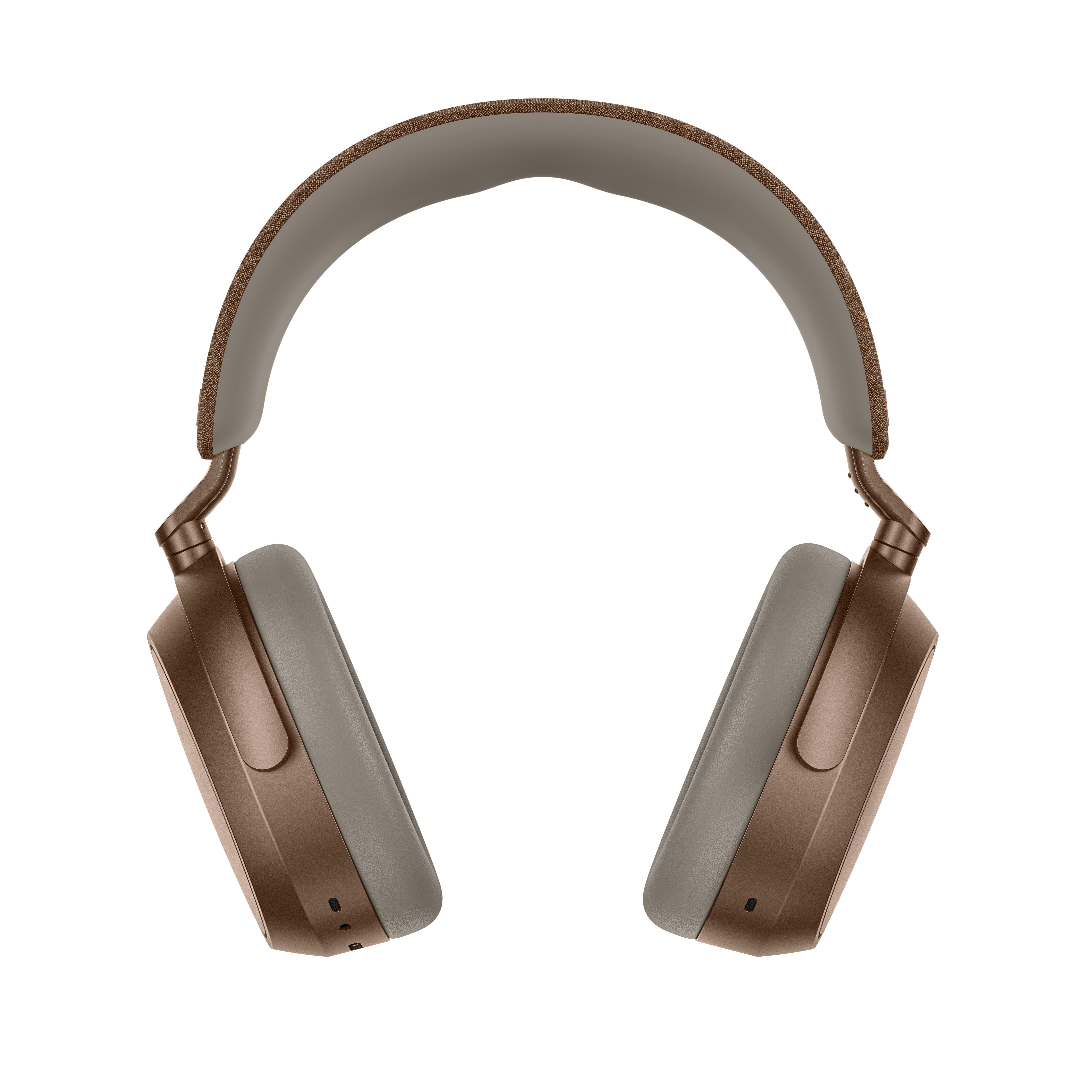 Kopfhörer auf weißem Hintergrund. Braune und graue Farben. Over-Ear-Design mit gepolsterten Ohrmuscheln und Bügel.