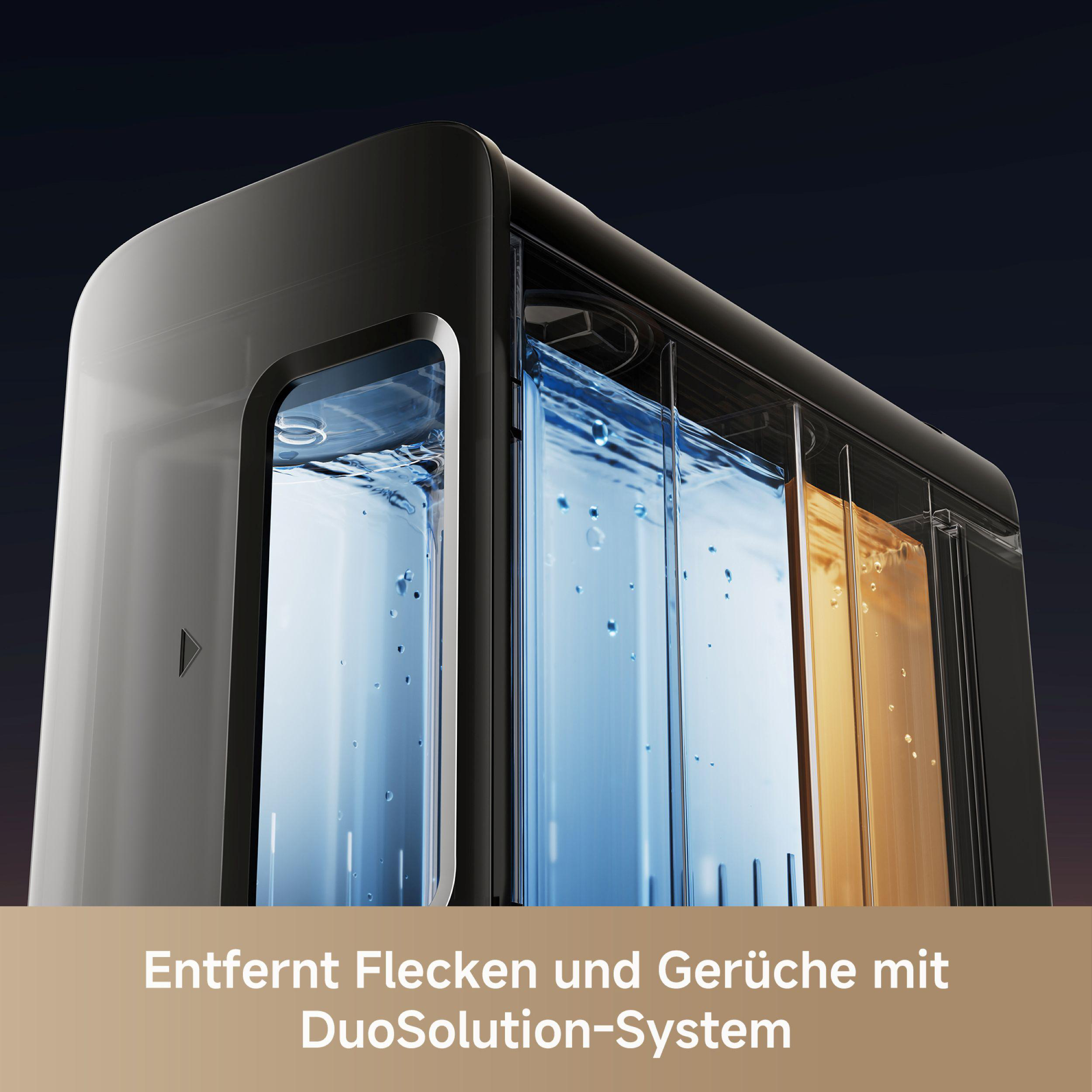 Ein schwarzes und graues Gerät mit transparenten Abschnitten. Blaue und gelbe Flüssigkeiten sind sichtbar. Text unten: DuoSolution-System.