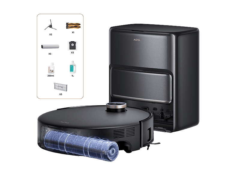movA Z60 Ultra Roller Complete Saugroboter mit Wischfunktion (Schwarz, Laufzeit: bis zu 150min., mit Absaugstation)