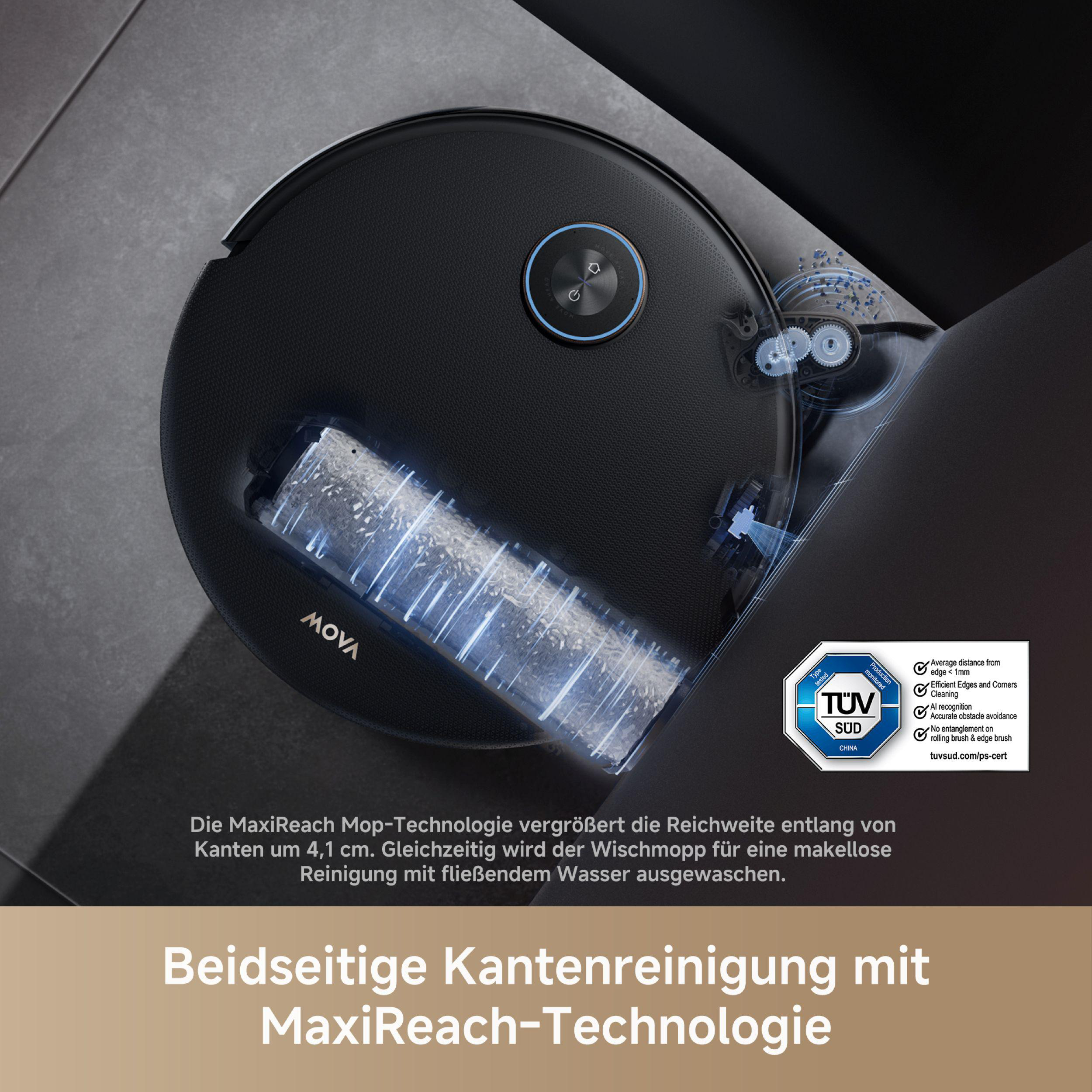 Ein schwarzer Roboterstaubsauger mit blauem Detail. Er hat eine Reinigungsbürste und die Marke MOVA ist sichtbar. Ein Logo ist in der Ecke.