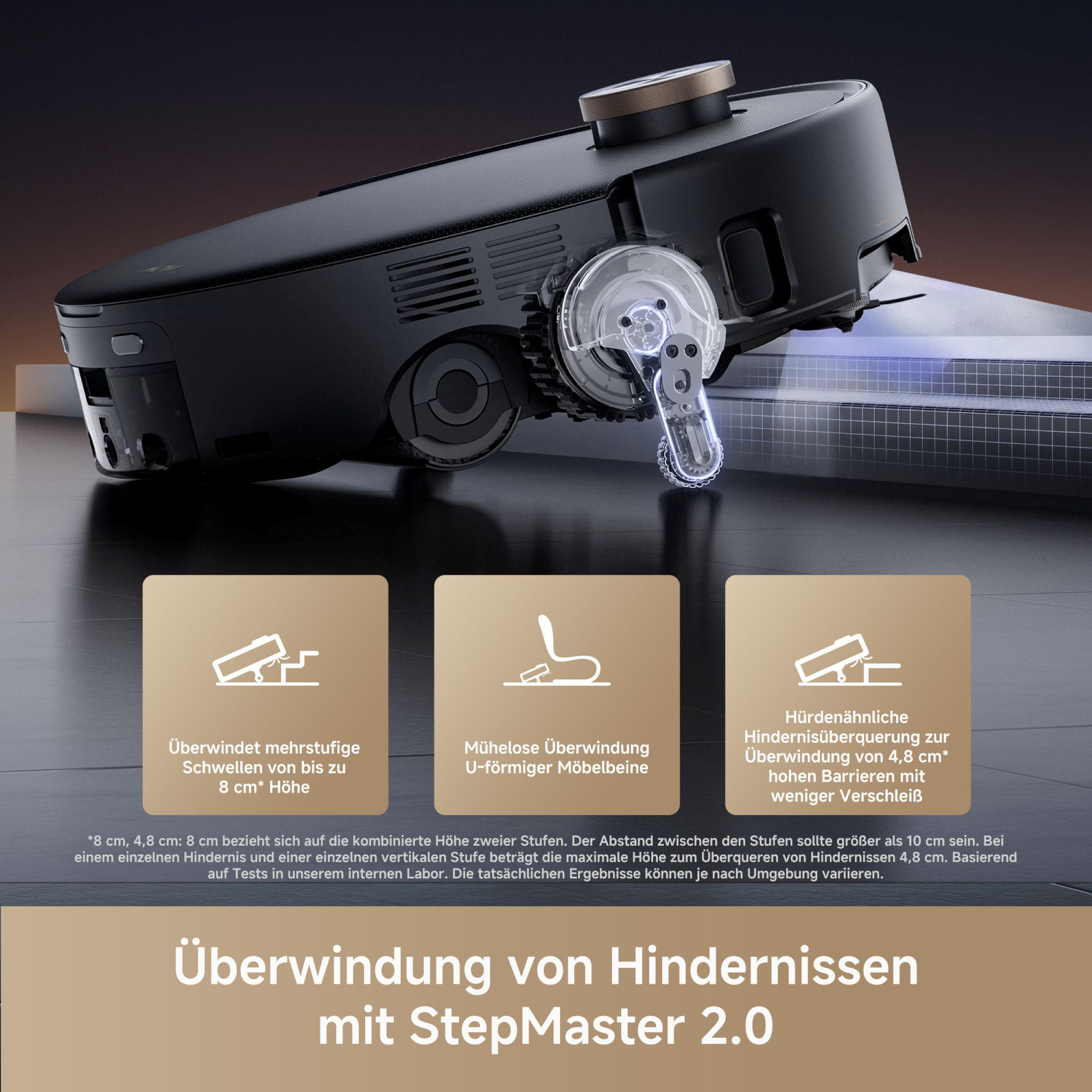 Schwarzer Roboter-Staubsauger mit goldenem Aufsatz, der seine Hindernisüberwindung zeigt. Text hebt seine Funktionen hervor.