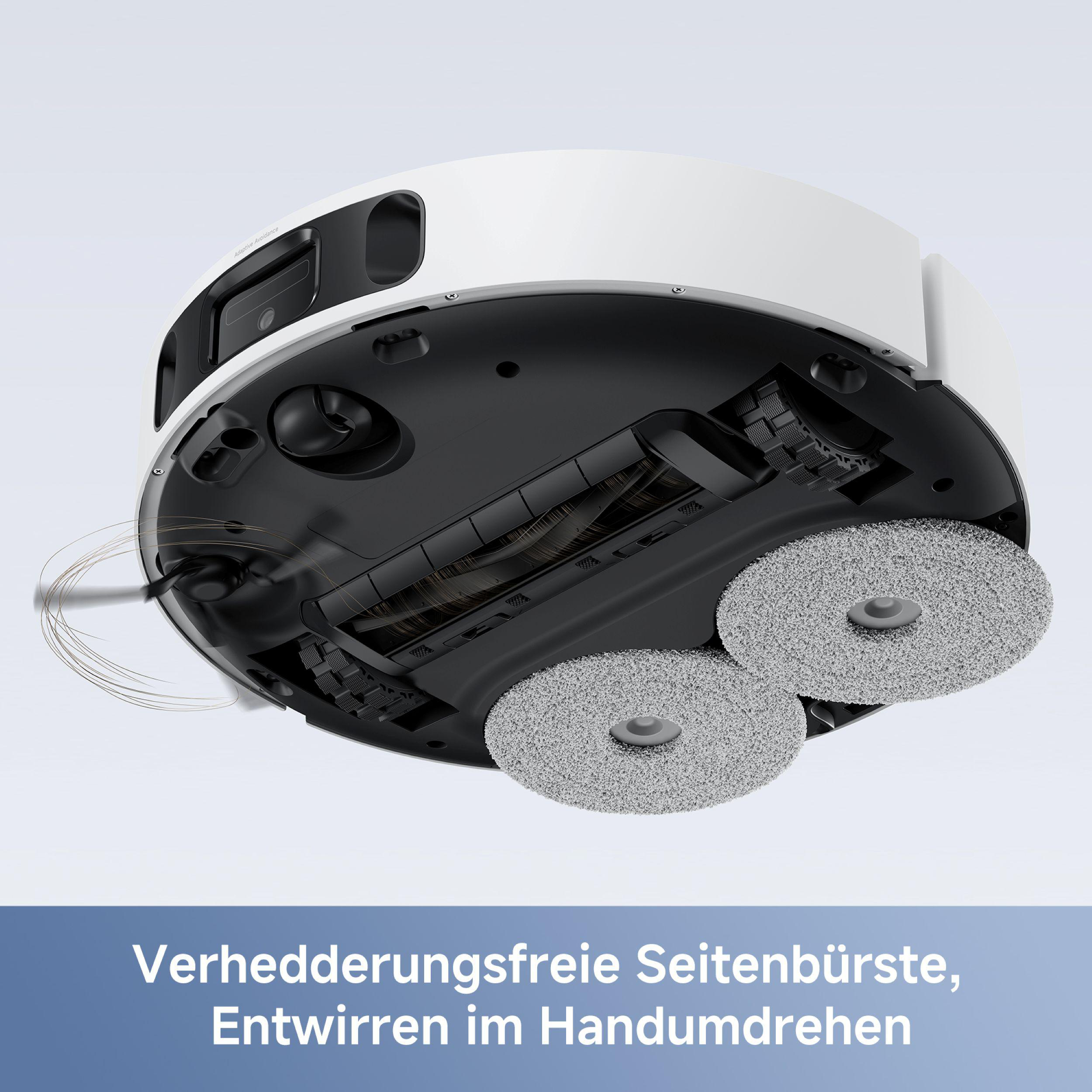 Roboter-Staubsauger, Unteransicht. Zwei graue Reinigungspads, rotierende Bürsten und Haare sind sichtbar. Weißes und schwarzes Gehäuse.